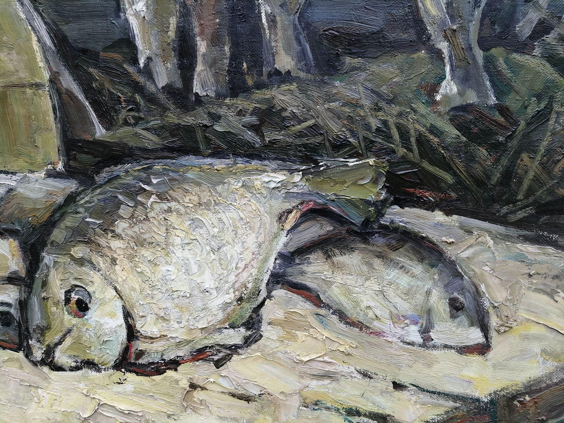 Fish on the Table, Still Life, Kitchen Art, Original oil Painting, Ready to Hang For Sale 2