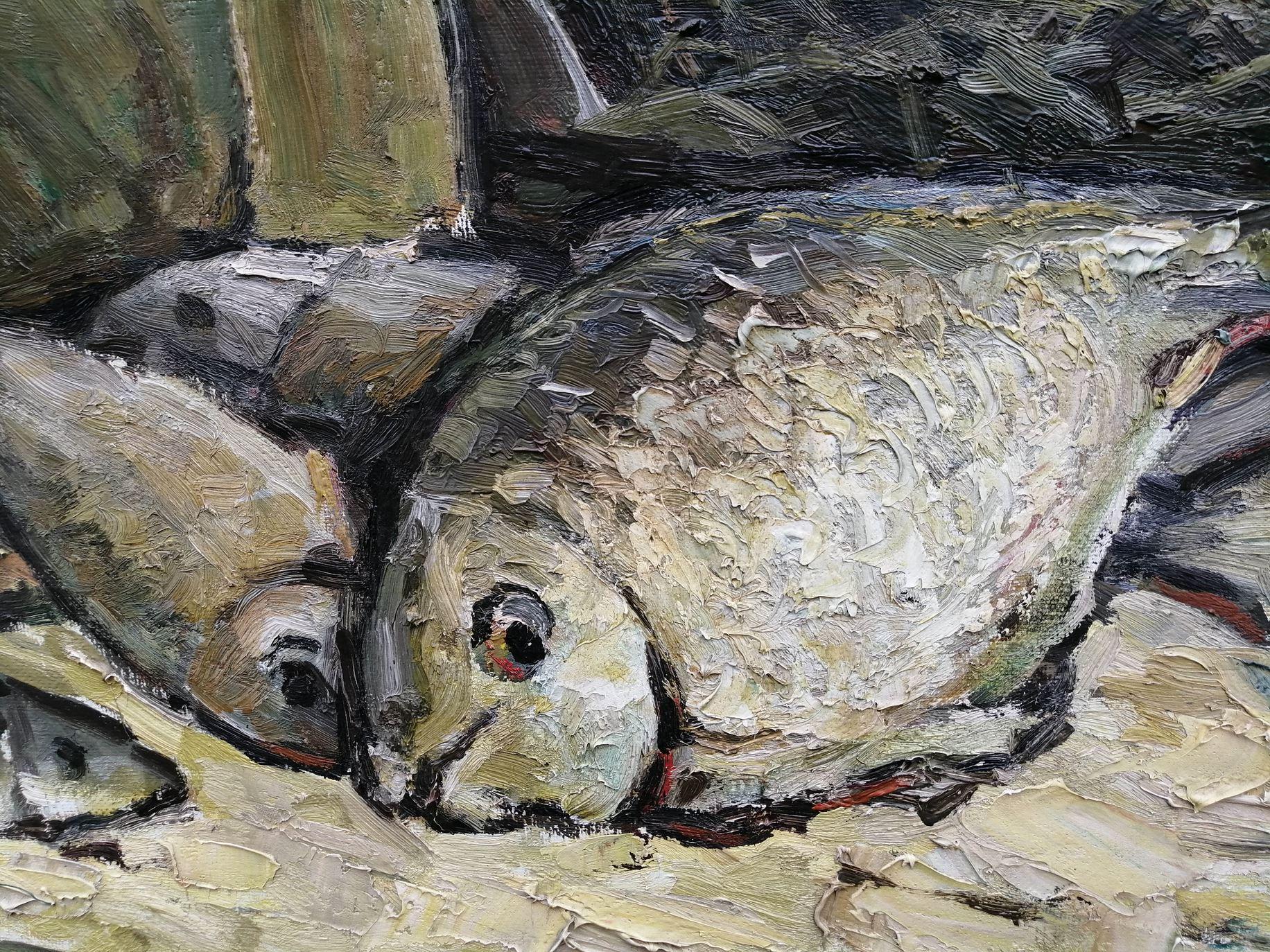 Fish on the Table, Still Life, Kitchen Art, Original oil Painting, Ready to Hang For Sale 4