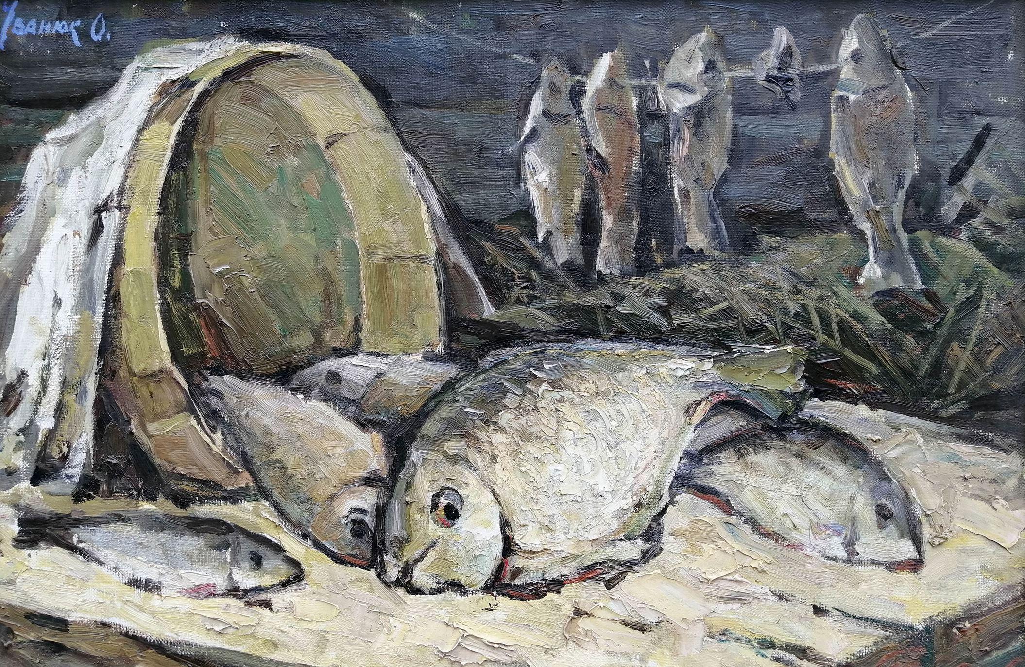 Alex Kalenyuk   Still-Life Painting – Fisch auf dem Tisch, Stillleben, Küchenkunst, Original-Ölgemälde, hängefertig