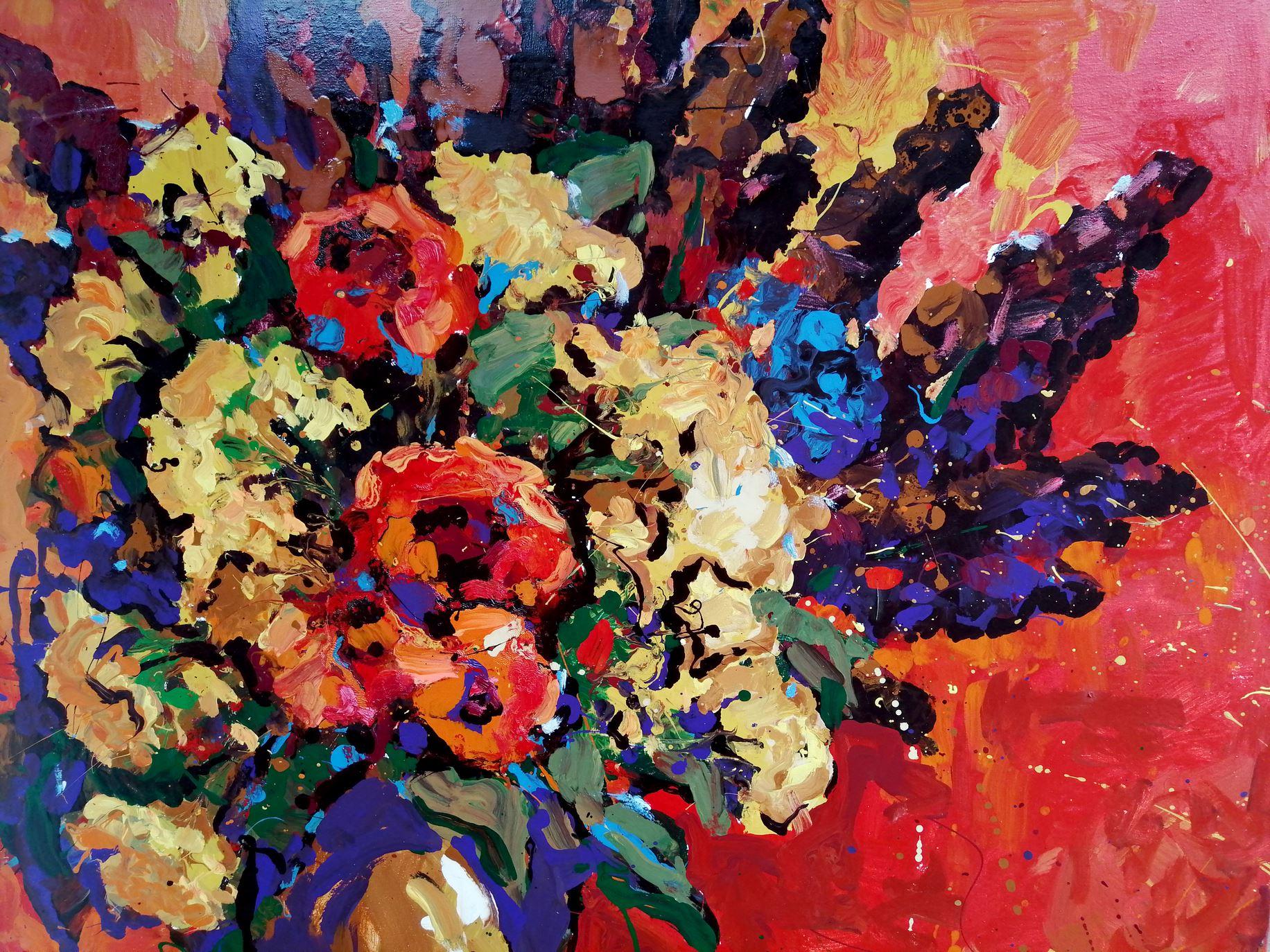 Fleurs sur toile rouge, impressionnisme, peinture à l'huile originale, prête à être accrochée - Painting de Alex Kalenyuk  