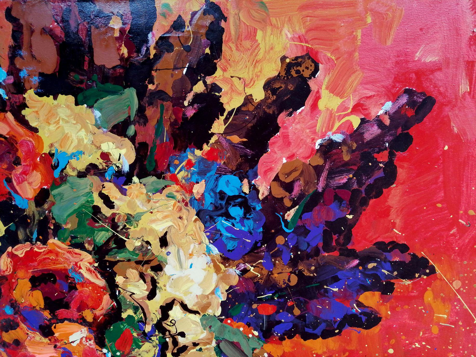 Fleurs sur toile rouge, impressionnisme, peinture à l'huile originale, prête à être accrochée - Impressionnisme Painting par Alex Kalenyuk  