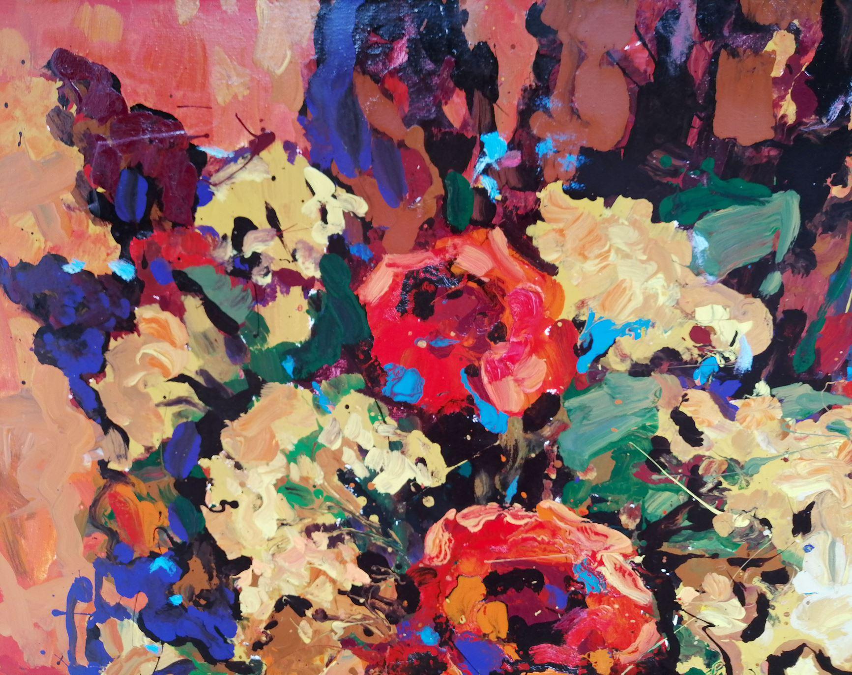 Artistics : Alex Kalenyuk 
Oeuvre : Peinture à l'huile originale, œuvre d'art faite à la main, unique en son genre. 
Médium : Huile sur toile 
Année : 2018
Style : Impressionnisme
Titre : Fleurs sur une toile rouge, 
Taille : 39.5