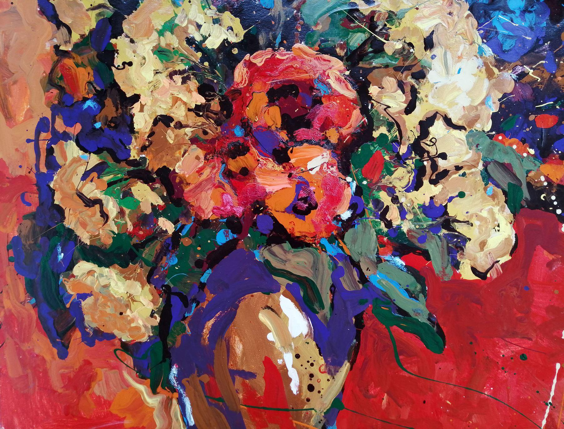 Fleurs sur toile rouge, impressionnisme, peinture à l'huile originale, prête à être accrochée en vente 1
