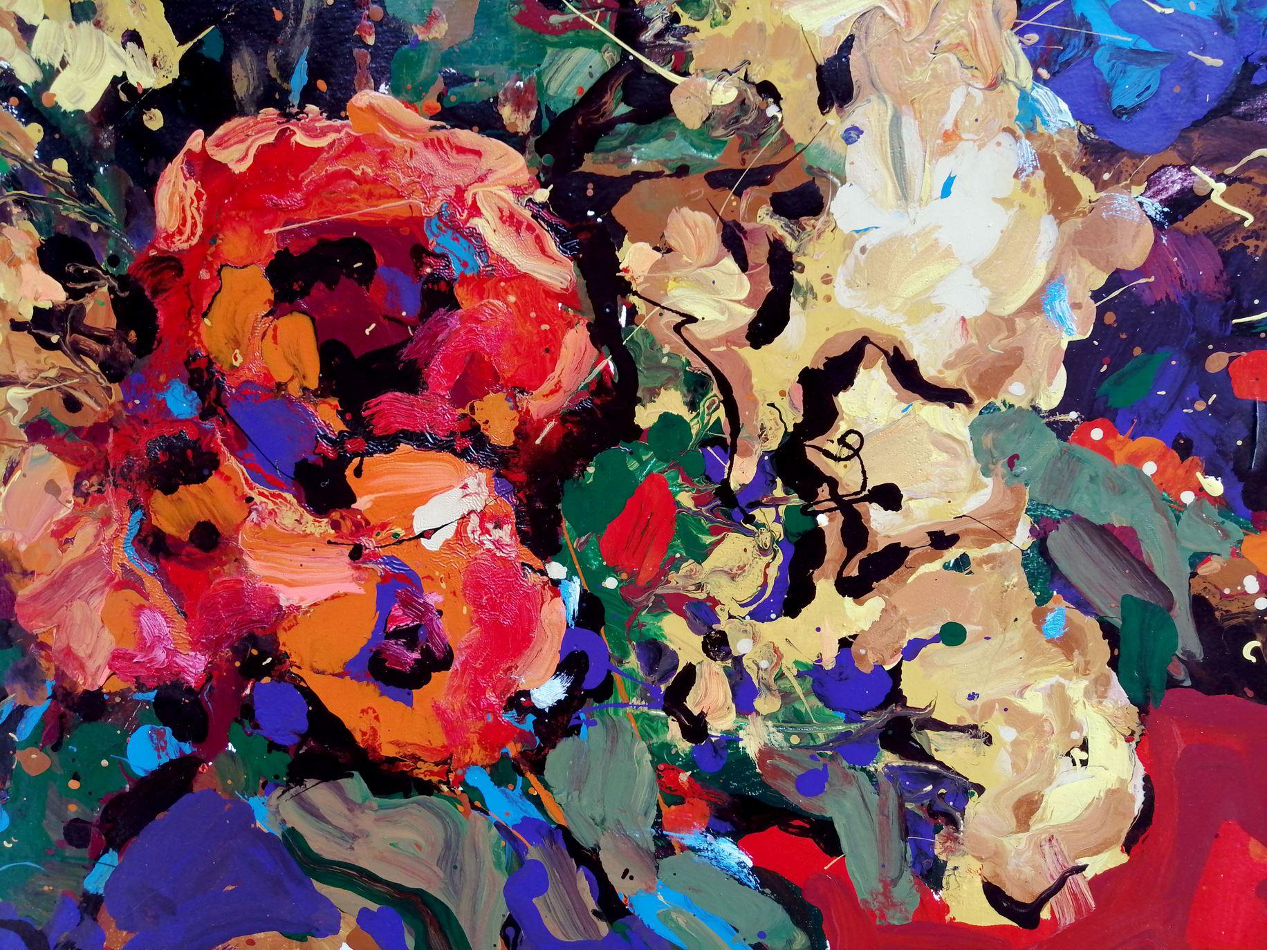 Fleurs sur toile rouge, impressionnisme, peinture à l'huile originale, prête à être accrochée en vente 2