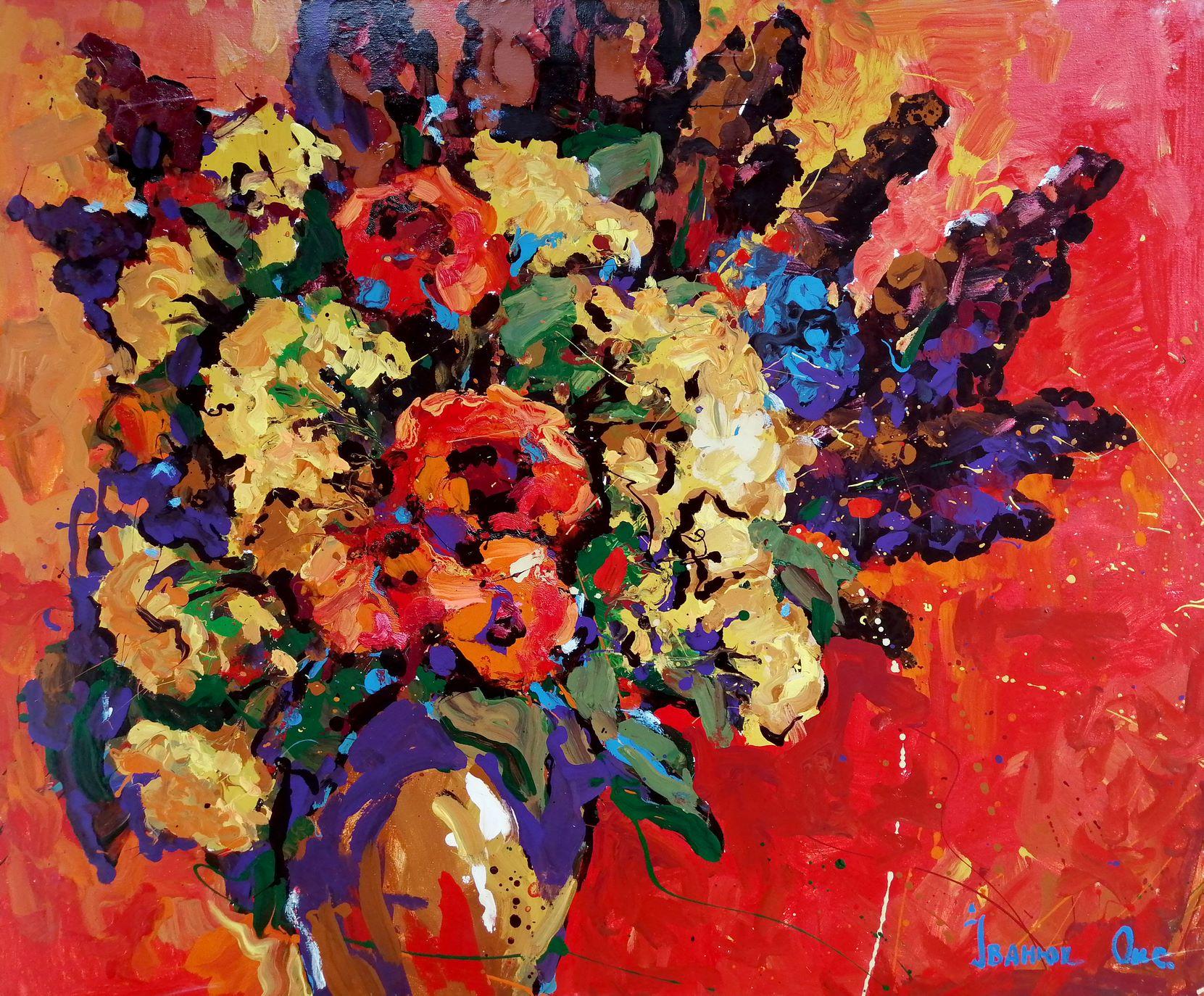 Still-Life Painting Alex Kalenyuk   - Fleurs sur toile rouge, impressionnisme, peinture à l'huile originale, prête à être accrochée