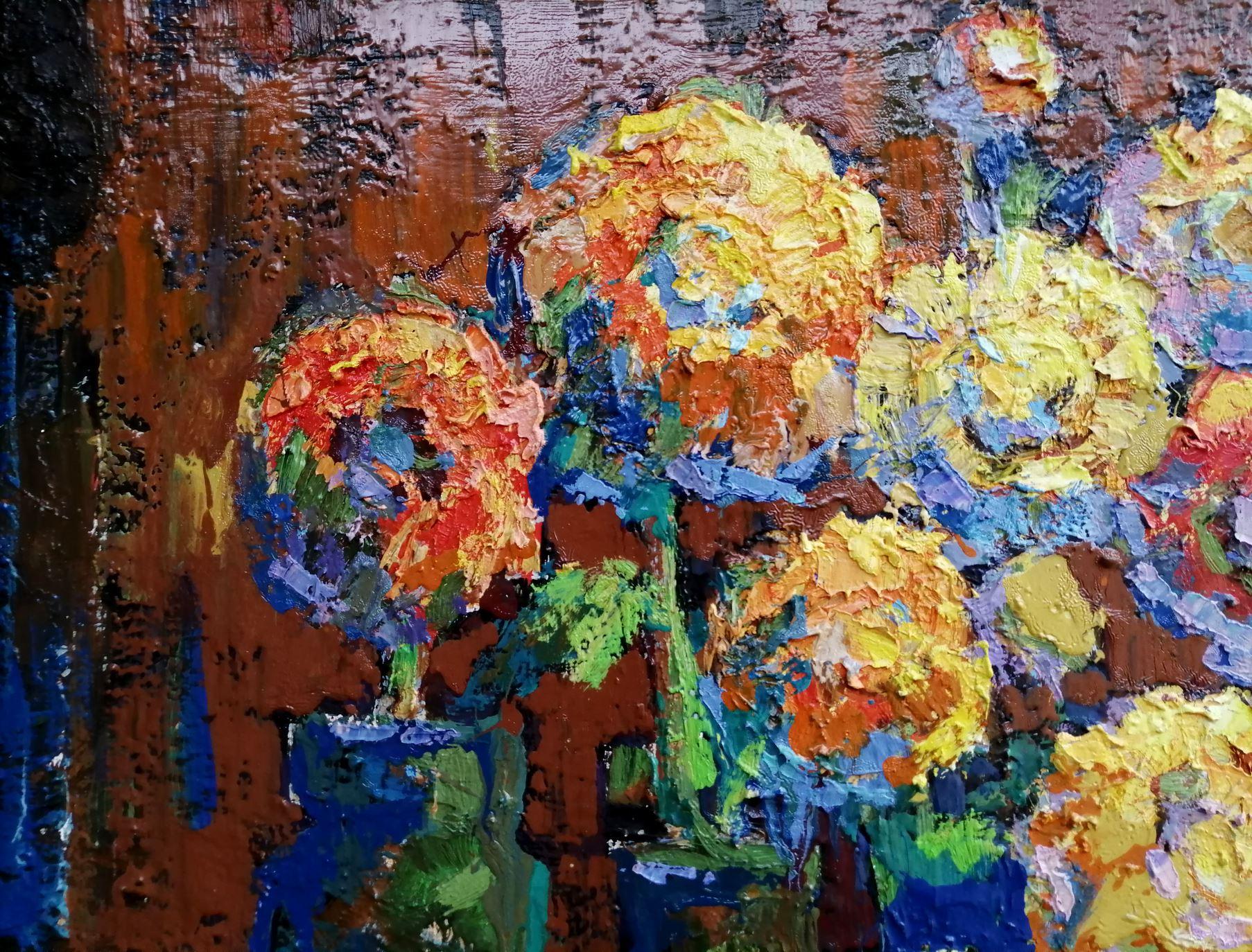 Artist: Oksana Kalenyuk 
Work: Original oil painting, handmade artwork, one of a kind 
Medium: Oil on canvas 
Year: 2019
Style: Impressionism
Title: Flowers on the Table, 
Size: 23.5