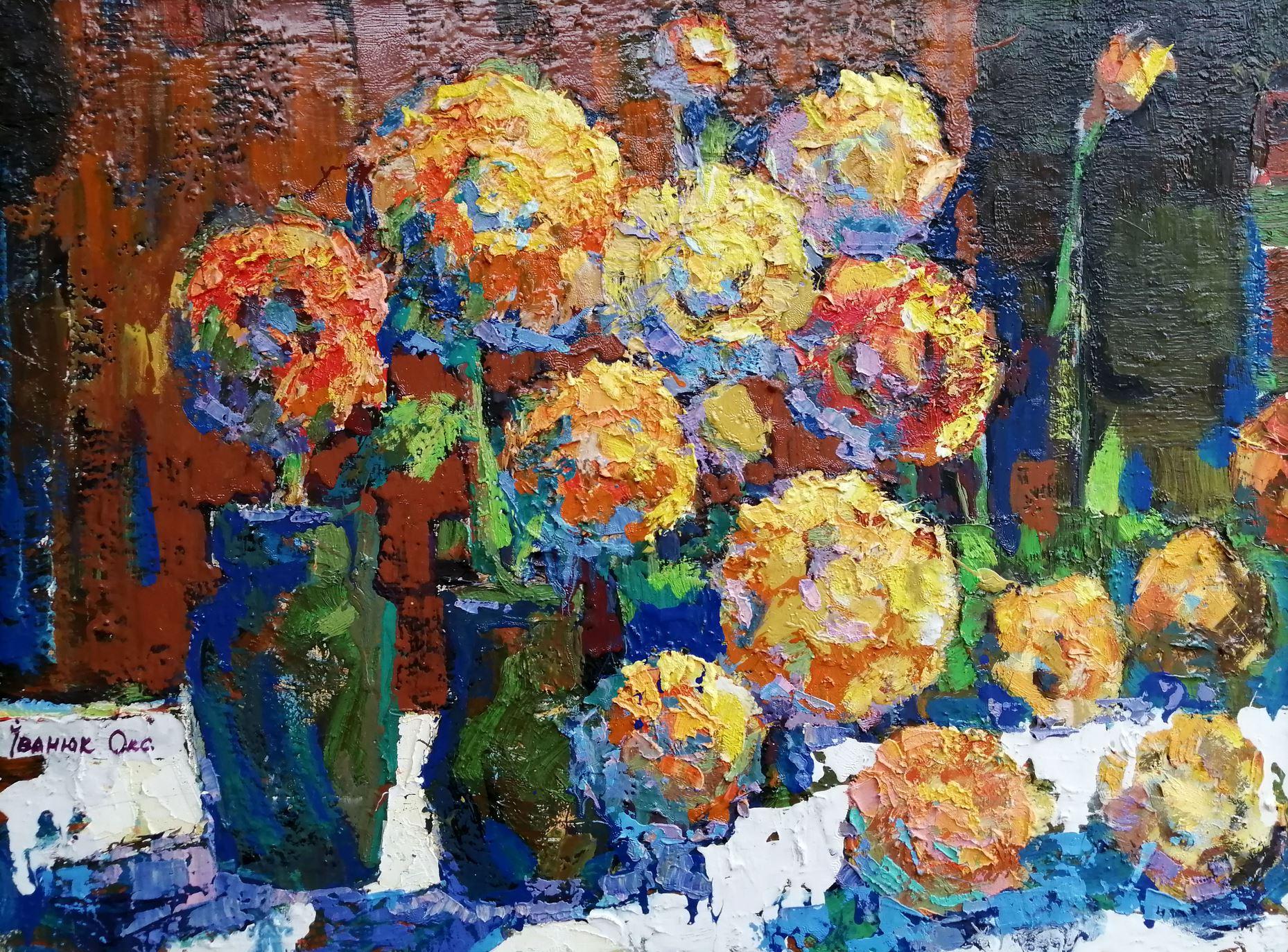 Landscape Painting di Alex Kalenyuk   - Fiori sul tavolo, Natura morta, Pittura a olio originale, pronta da appendere