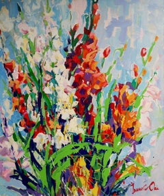 Gladiolus, Impressionismus, Blumen, Original-Ölgemälde, hängefertig