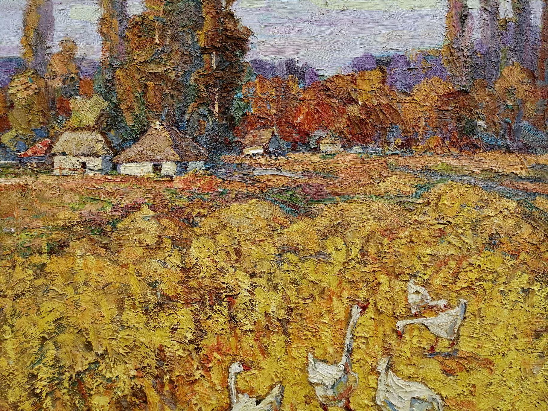 Gold Stubble, Village, Impressionism, Original oil Painting, Ready to Hang - Brown Landscape Painting by Alex Kalenyuk  