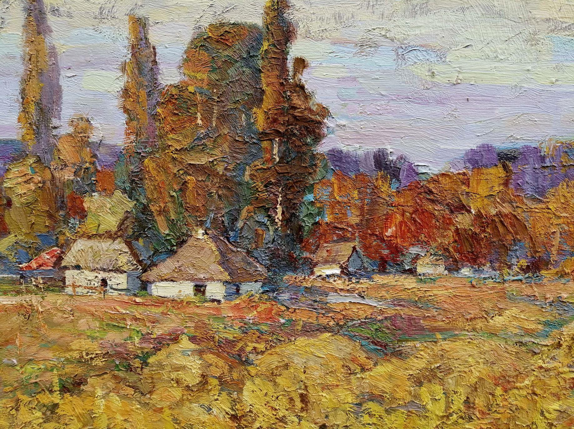 Goldstein, Dorf, Impressionismus, Original-Ölgemälde, hängefertig (Braun), Landscape Painting, von Alex Kalenyuk  