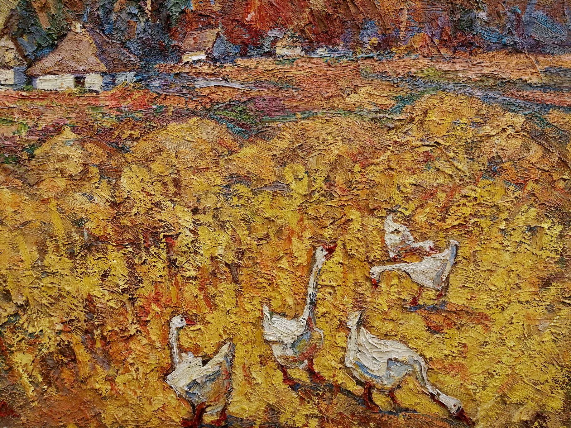 Éclabousssures d'or, Village, impressionnisme, peinture à l'huile originale, prête à accrocher - Marron Landscape Painting par Alex Kalenyuk  