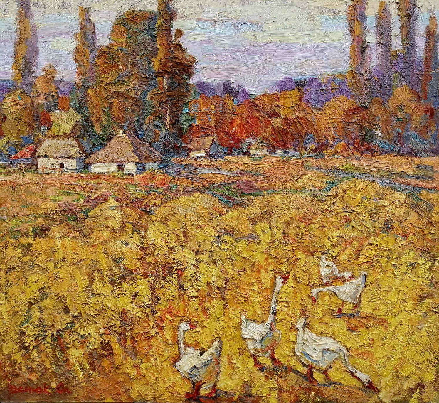 Landscape Painting Alex Kalenyuk   - Éclabousssures d'or, Village, impressionnisme, peinture à l'huile originale, prête à accrocher