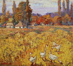 Gold Stubble, Village, Impressionism, Original oil Painting, Ready to Hang