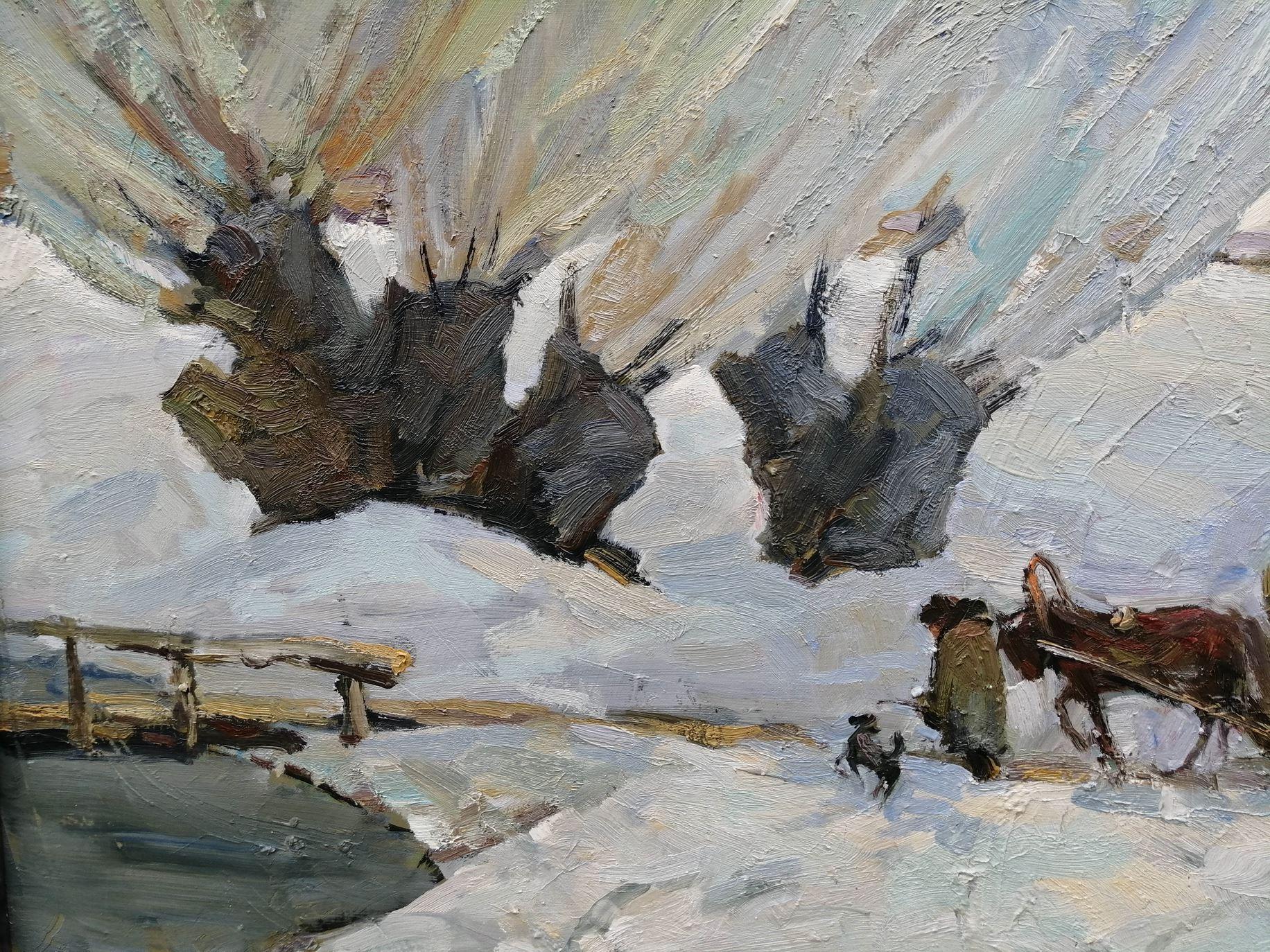 Hay Cart, Winter, Landscape, Original oil Painting, Ready to Hang For Sale 1