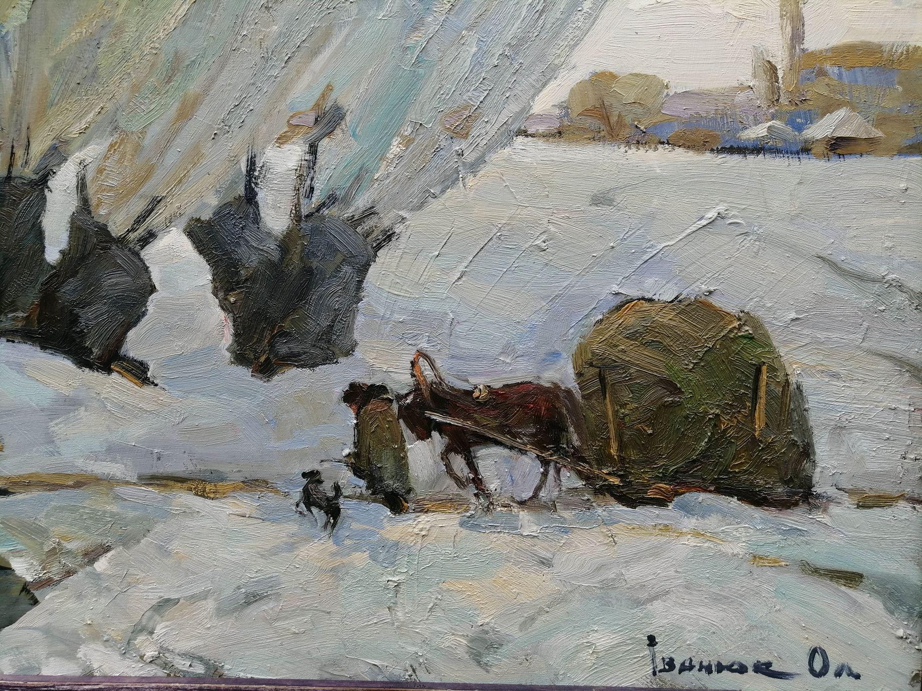 Hay Cart, Winter, Landscape, Original oil Painting, Ready to Hang For Sale 2