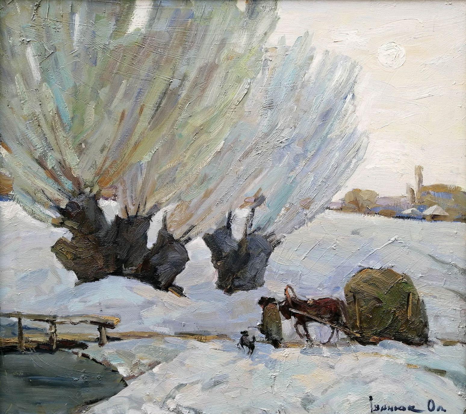 Alex Kalenyuk   Landscape Painting - Hay Cart, Winter, Landscape, Original oil Painting, Ready to Hang