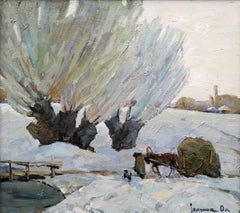 Hay Cart, Winter, Landscape, Original oil Painting, Ready to Hang