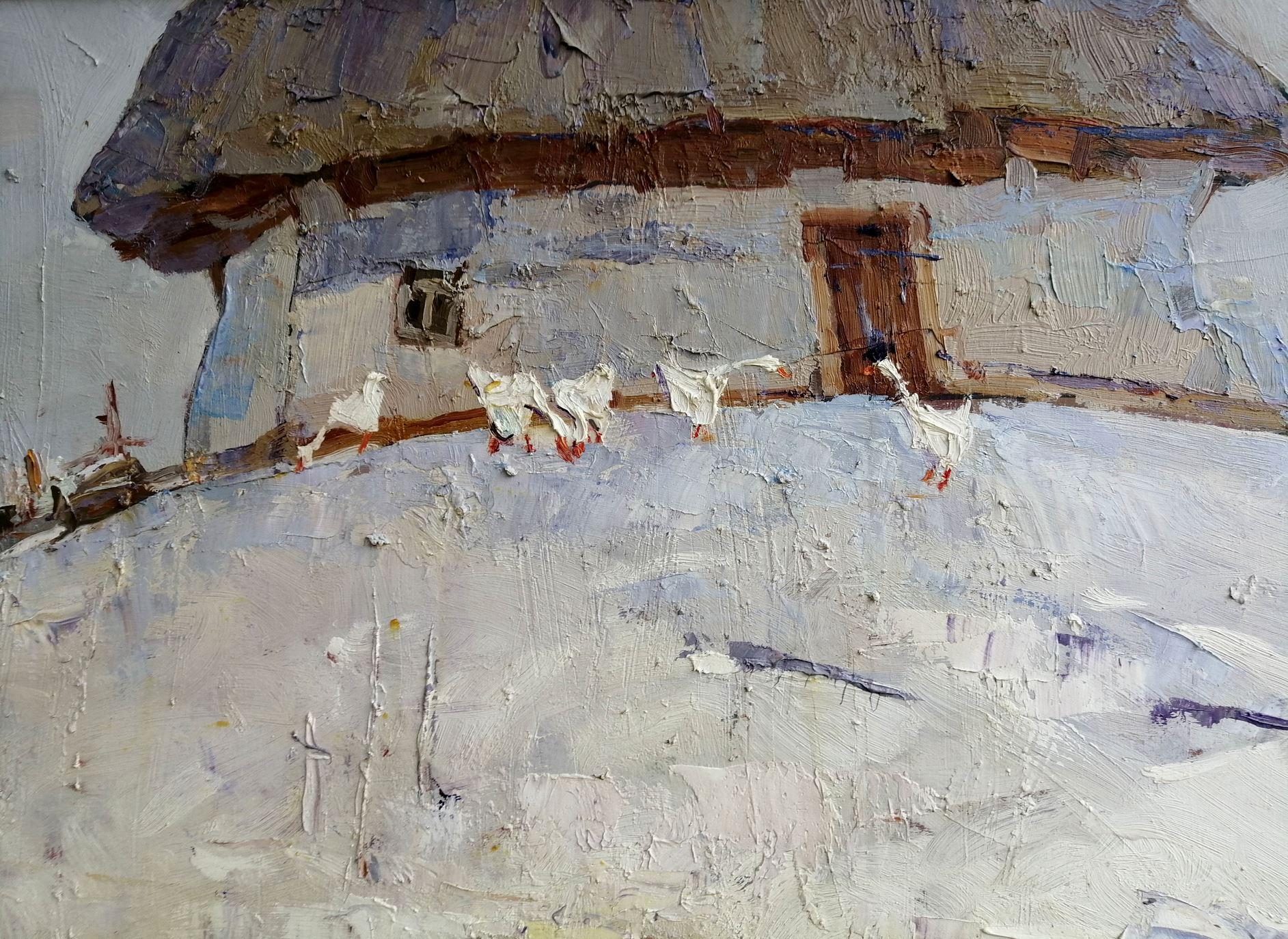 Nel cortile, Impressionismo, Pittura ad olio originale, pronta per essere appesa - Landscape Painting Grigio di Alex Kalenyuk  