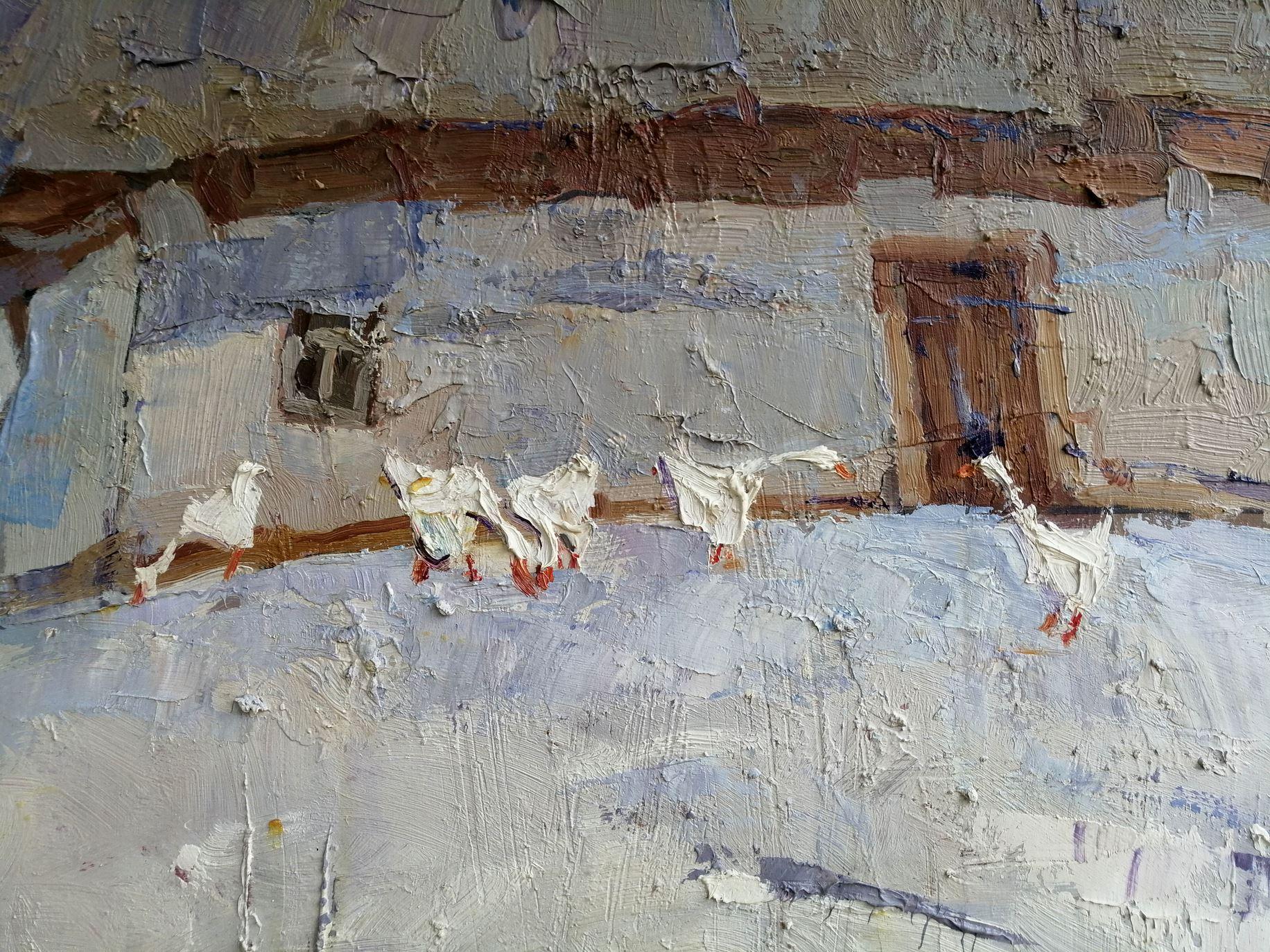 Nel cortile, Impressionismo, Pittura ad olio originale, pronta per essere appesa in vendita 2
