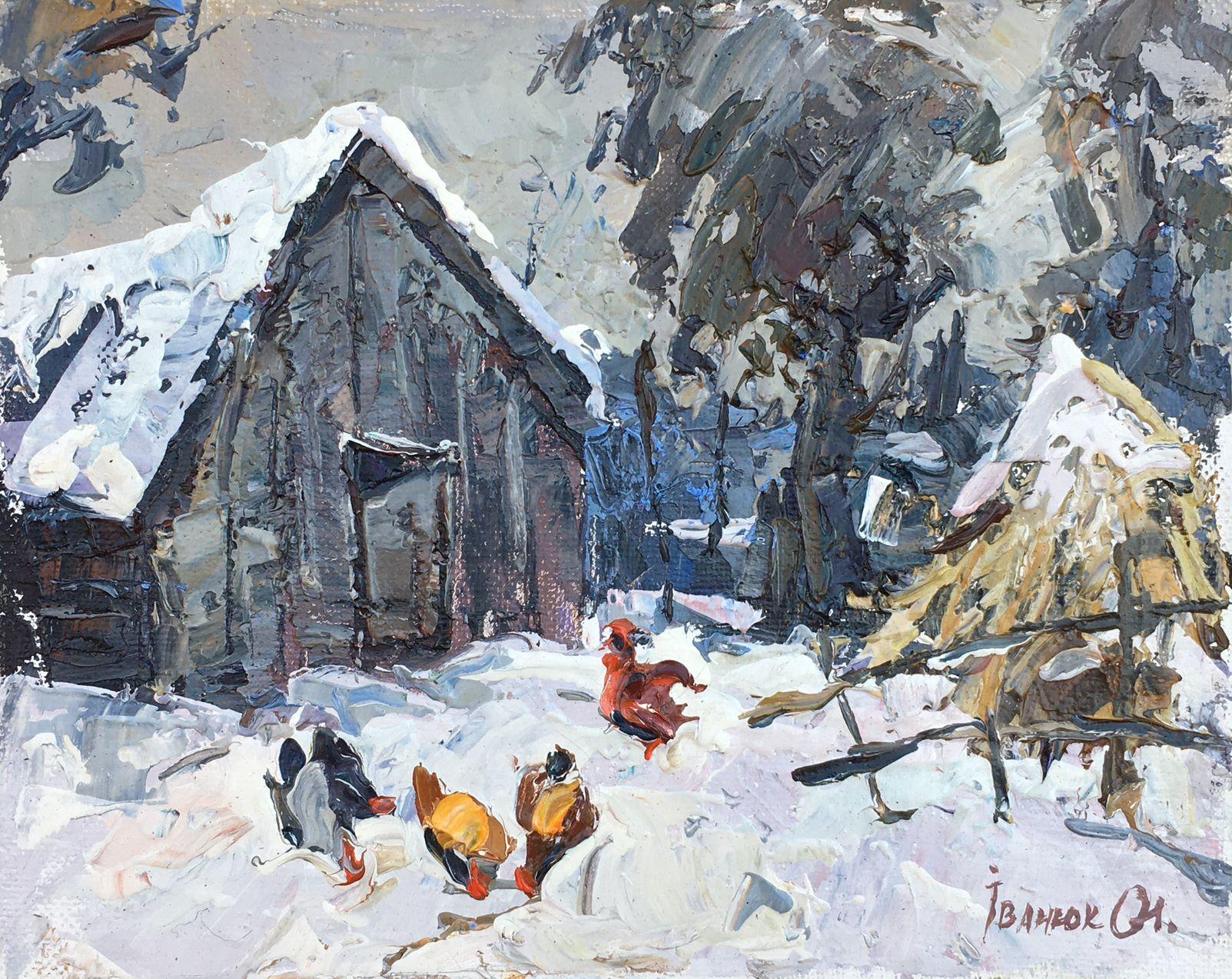 Landscape Painting Alex Kalenyuk   - In the Courtyard, Village, impressionnisme, peinture à l'huile originale, prête à accrocher