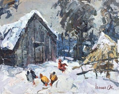In the Courtyard, Village, Impressionismus, Original-Ölgemälde, hängefertig
