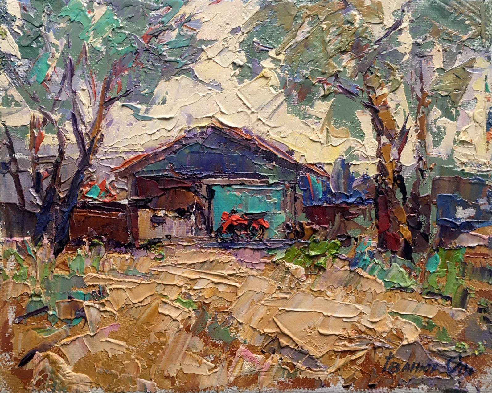 Alex Kalenyuk   Landscape Painting - In the Shade of the Trees, Village, Original oil Painting, Ready to Hang