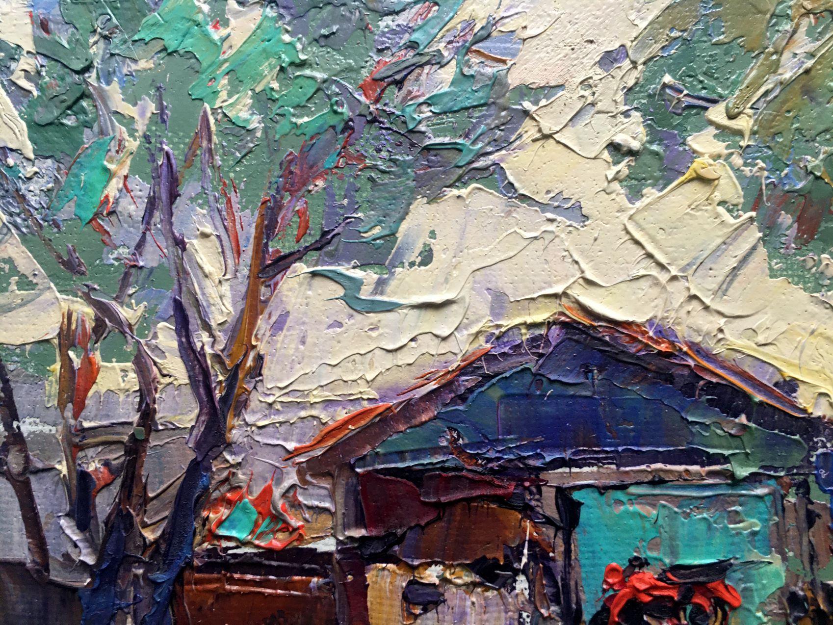 In the Shade of the Trees, Village, peinture à l'huile originale, prête à être accrochée - Marron Landscape Painting par Alex Kalenyuk  