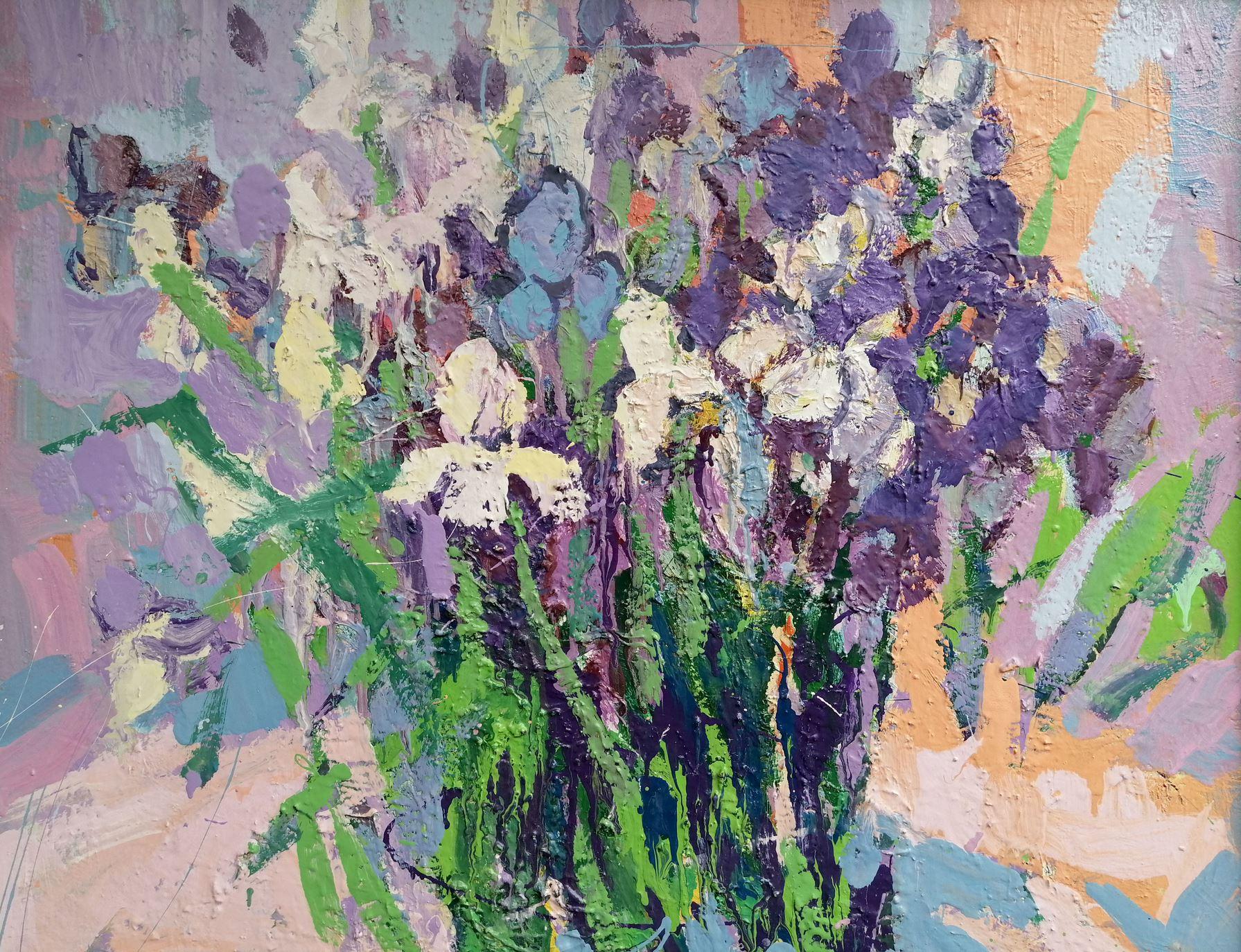 Irises, Flowers, Impressionism Original oil Painting, Ready to Hang - Gray Still-Life Painting by Alex Kalenyuk  