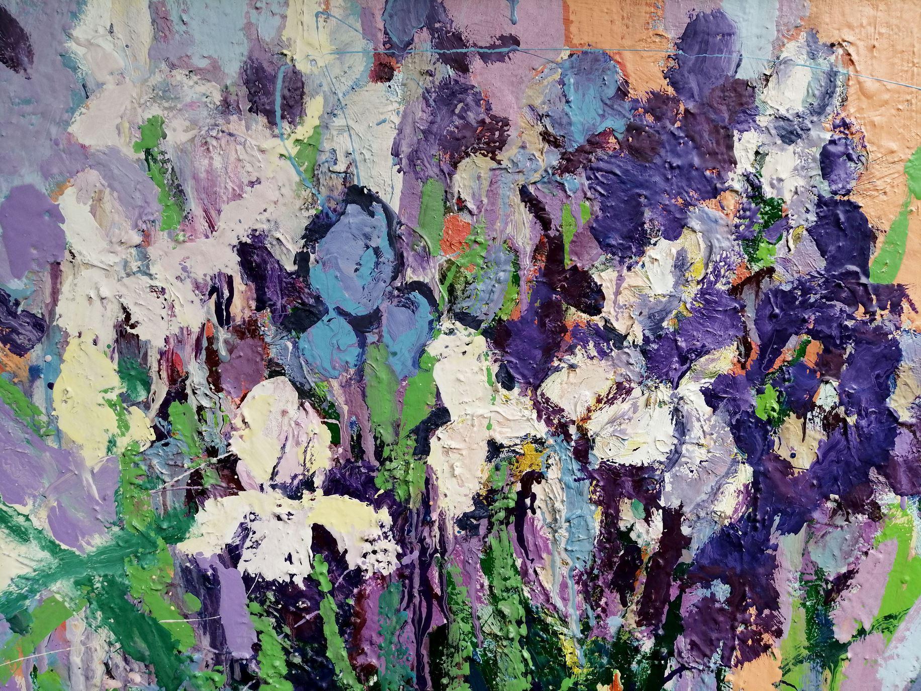 Iris, Fiori, Impressionismo Pittura ad olio originale, pronta da appendere - Still-Life Painting Grigio di Alex Kalenyuk  