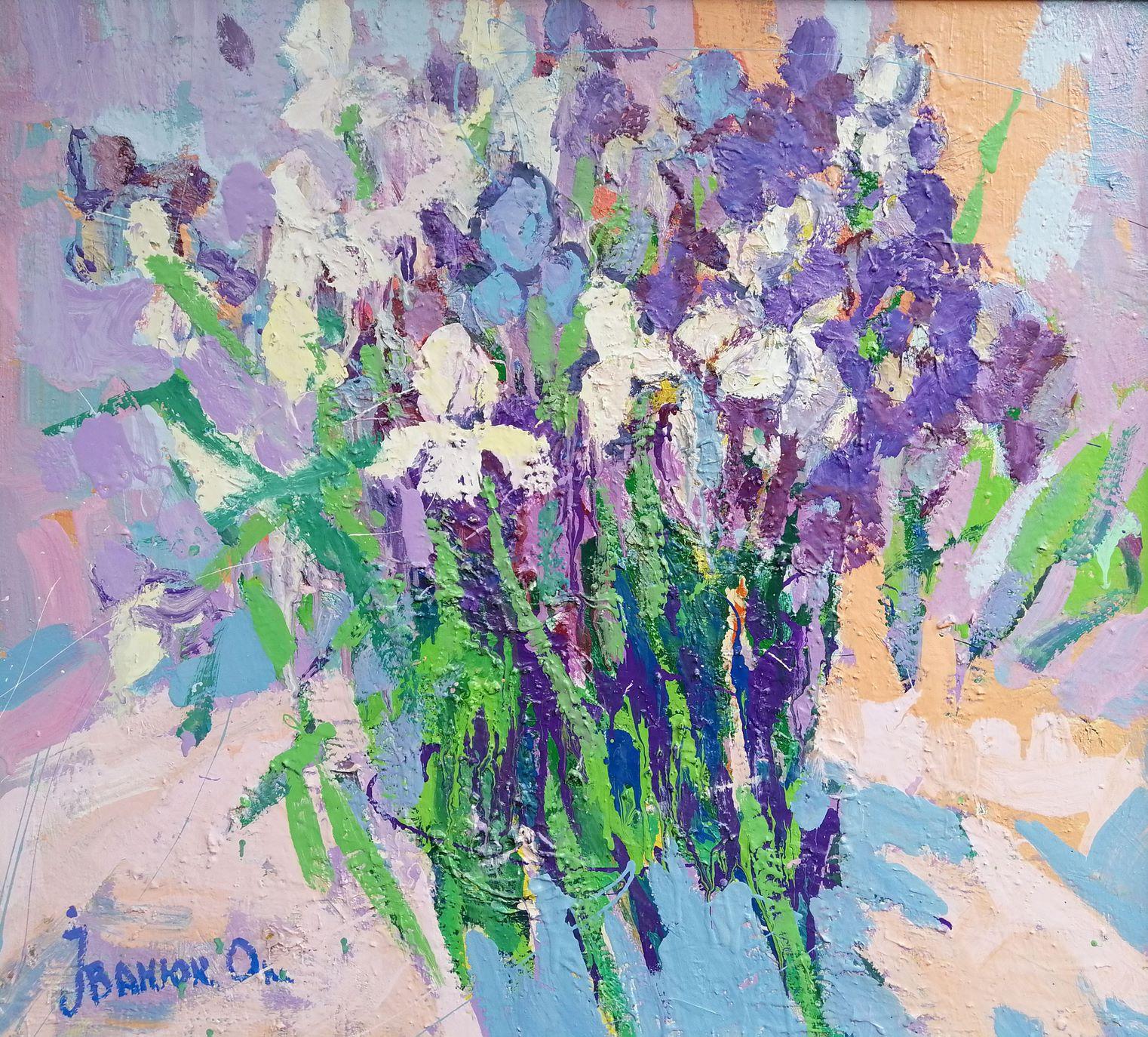 Still-Life Painting di Alex Kalenyuk   - Iris, Fiori, Impressionismo Pittura ad olio originale, pronta da appendere