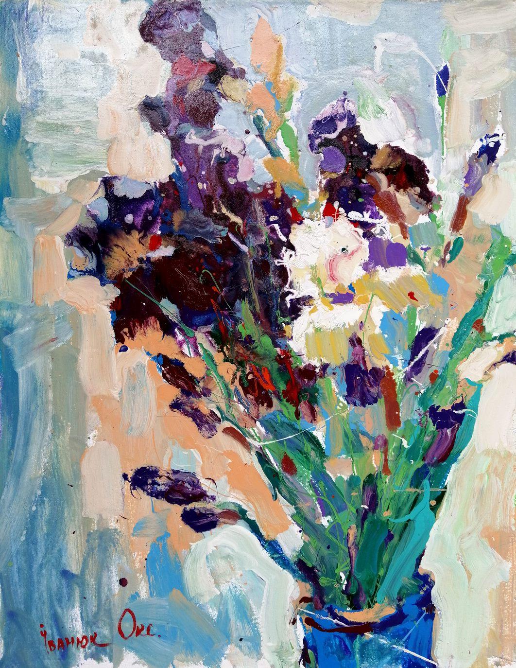 Still-Life Painting Alex Kalenyuk   - Irises, Bouquet, Fleurs, Peinture à l'huile originale, prête à accrocher