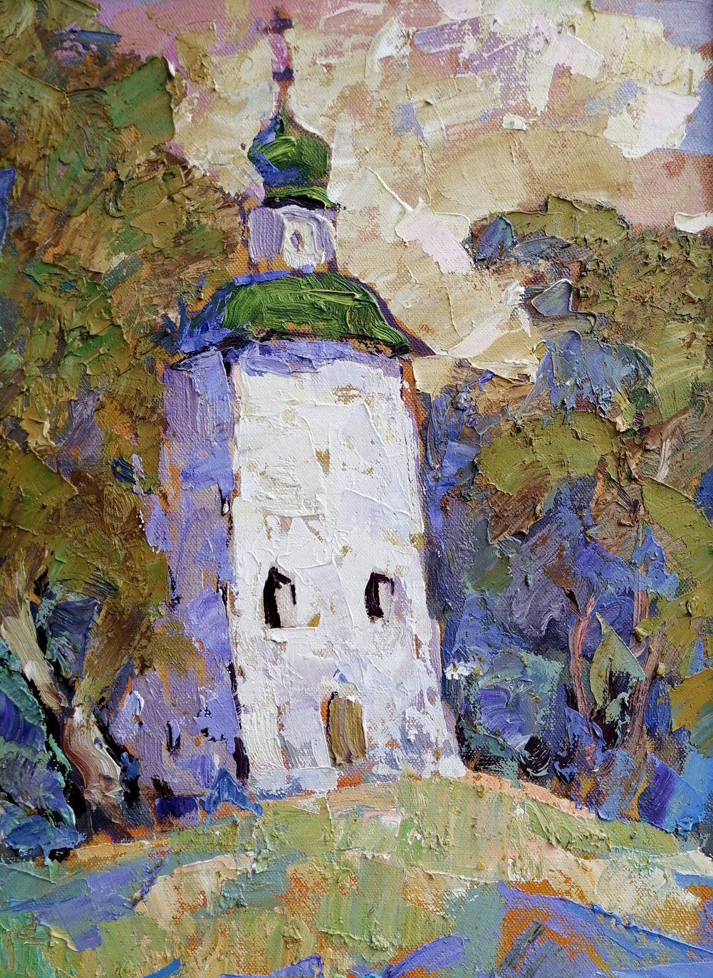 Paisaje con una iglesia, Pintura al óleo original, Lista para colgar - Painting de Alex Kalenyuk  