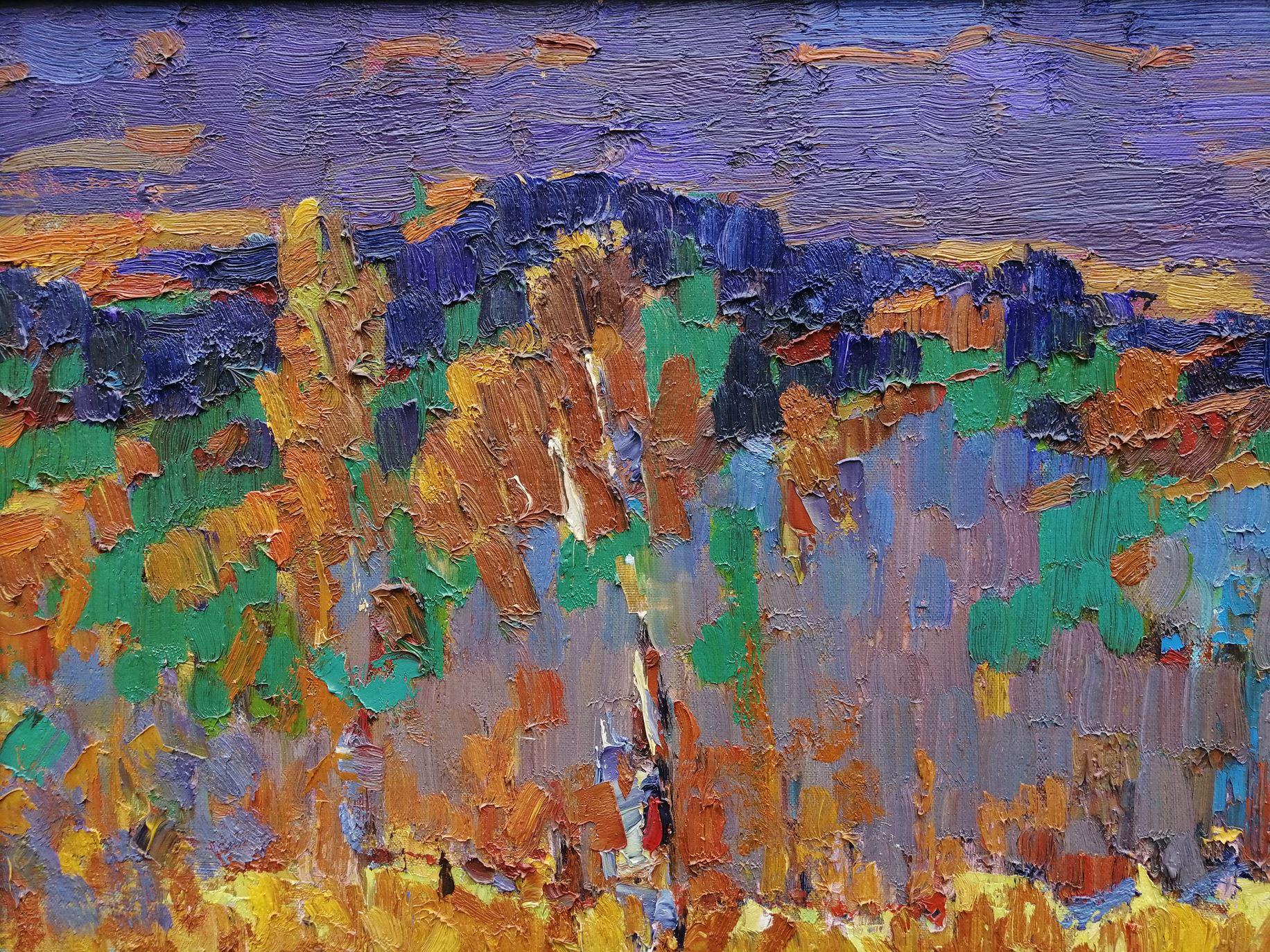 Paisaje con una iglesia, Pintura al óleo original, Lista para colgar - Painting Impresionista de Alex Kalenyuk  