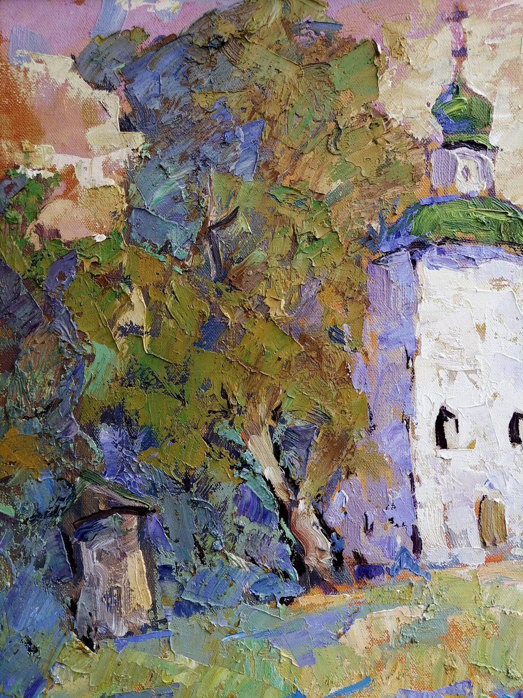 Paisaje con una iglesia, Pintura al óleo original, Lista para colgar - Painting Impresionista de Alex Kalenyuk  
