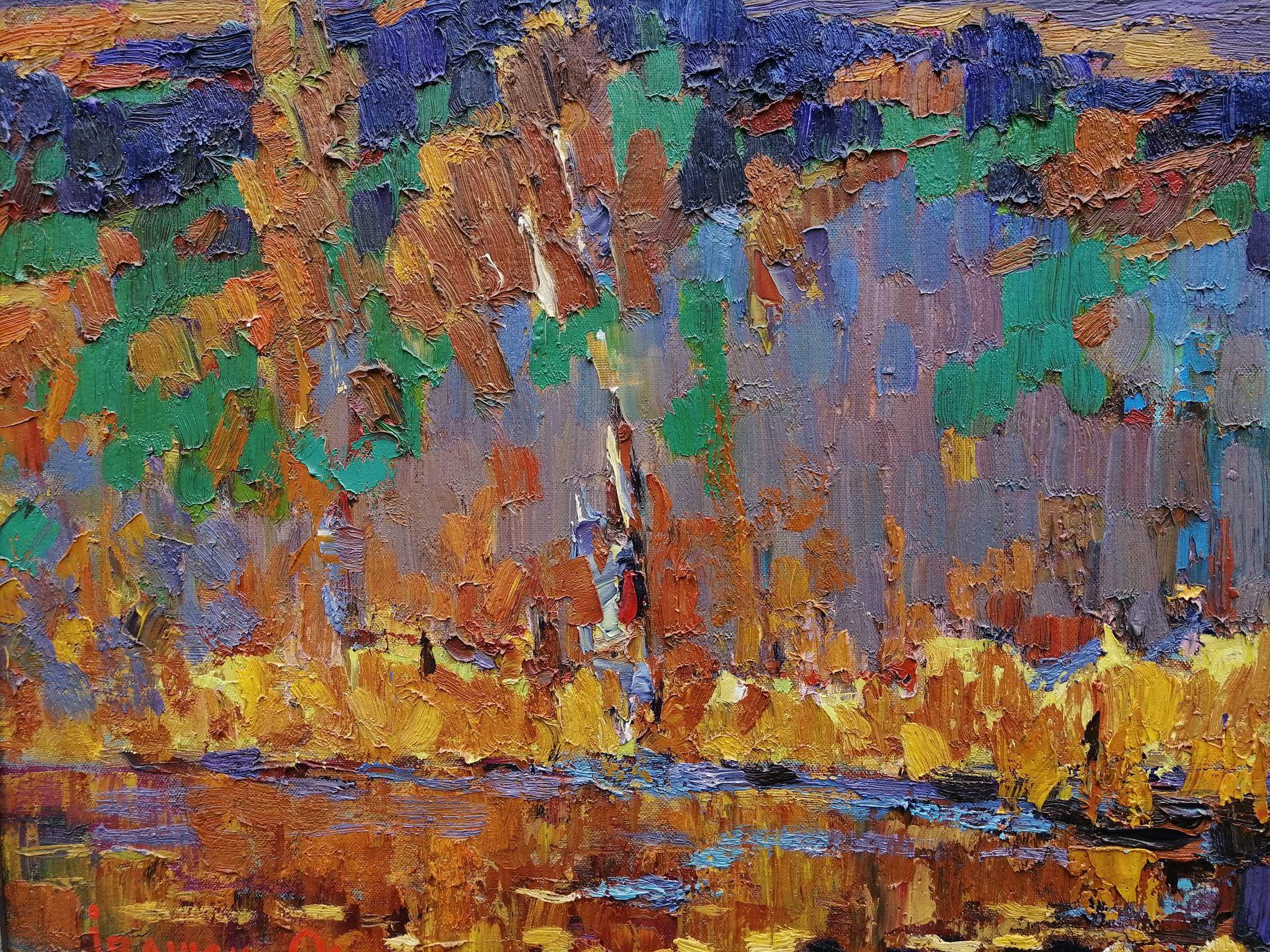 Paisaje con una iglesia, Pintura al óleo original, Lista para colgar - Landscape Painting Marrón de Alex Kalenyuk  