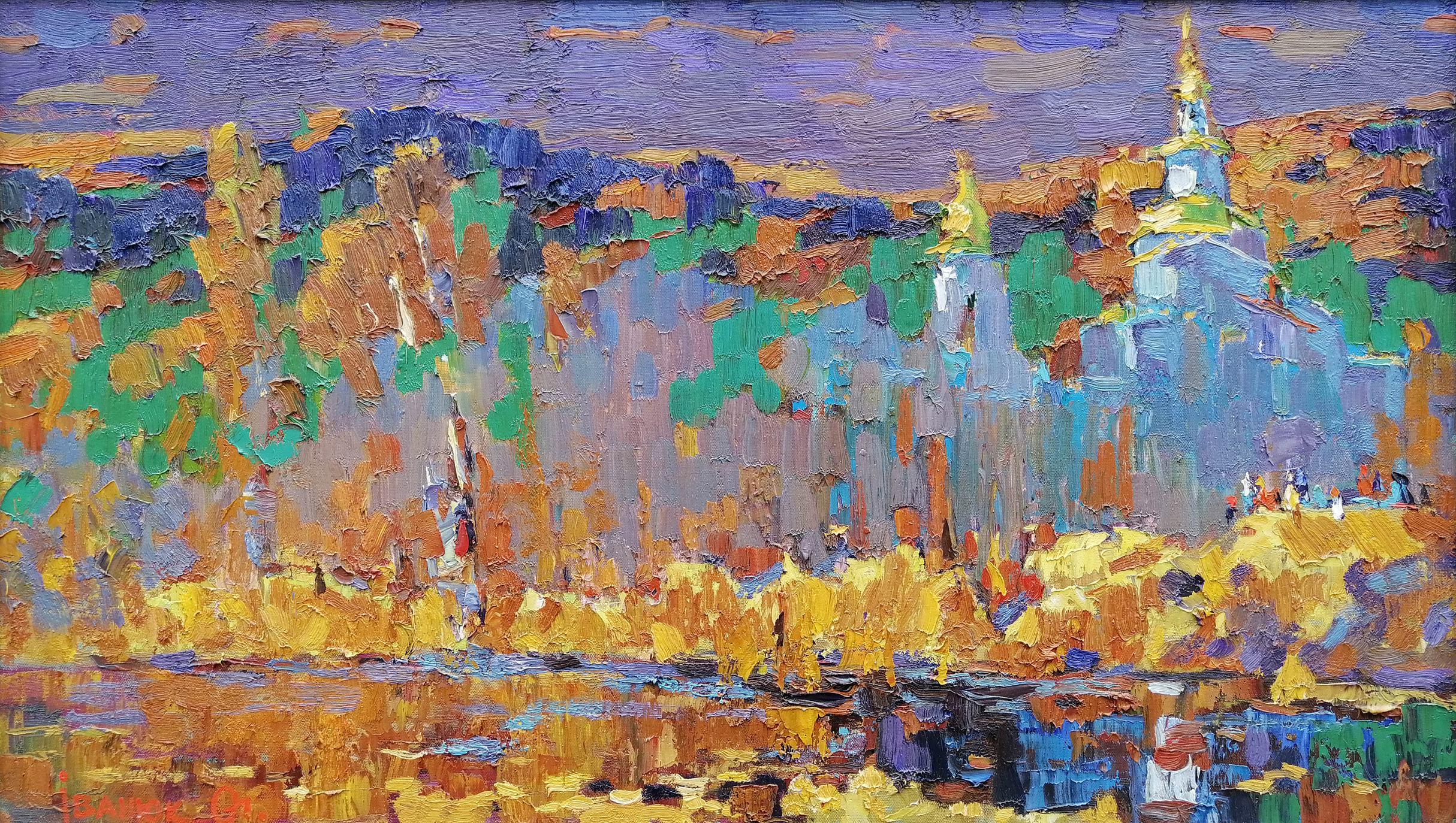 Landscape Painting de Alex Kalenyuk   - Paisaje con una iglesia, Pintura al óleo original, Lista para colgar