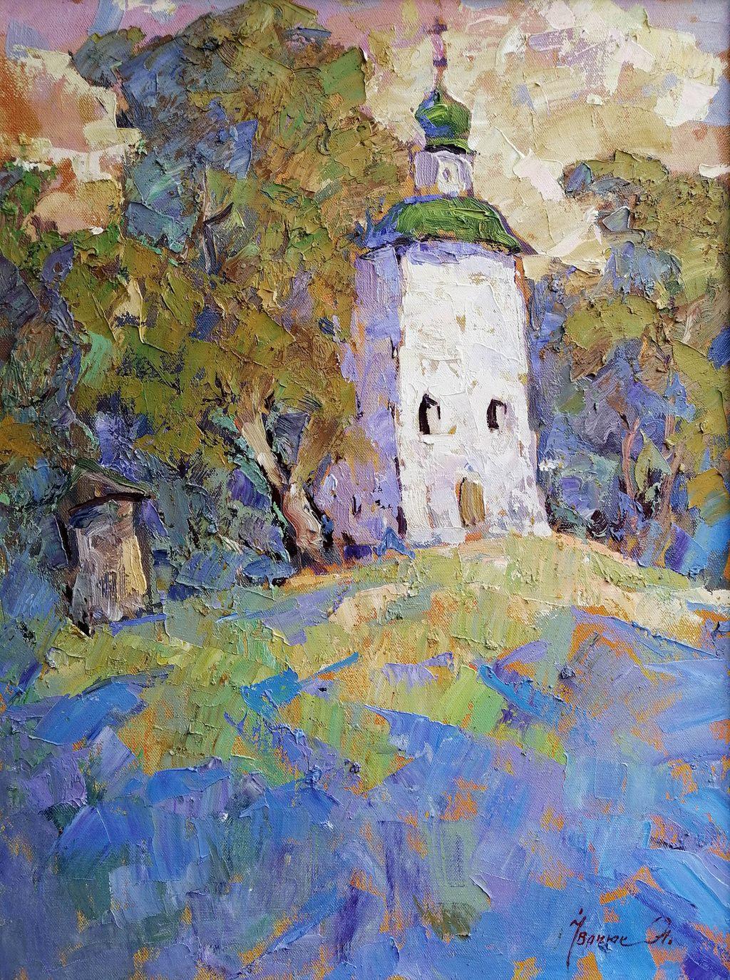 Landscape Painting de Alex Kalenyuk   - Paisaje con una iglesia, Pintura al óleo original, Lista para colgar