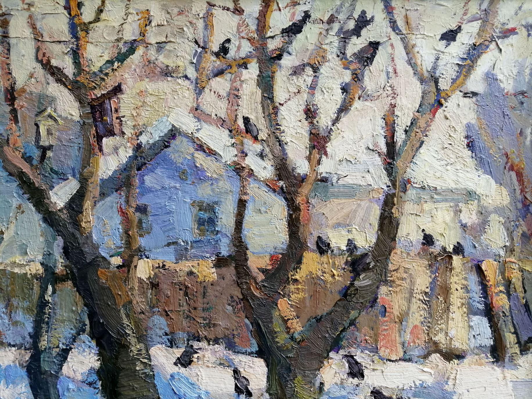 Last Snow, Winter, Impressionism, Original oil Painting, Ready to Hang - Gray Landscape Painting by Alex Kalenyuk  