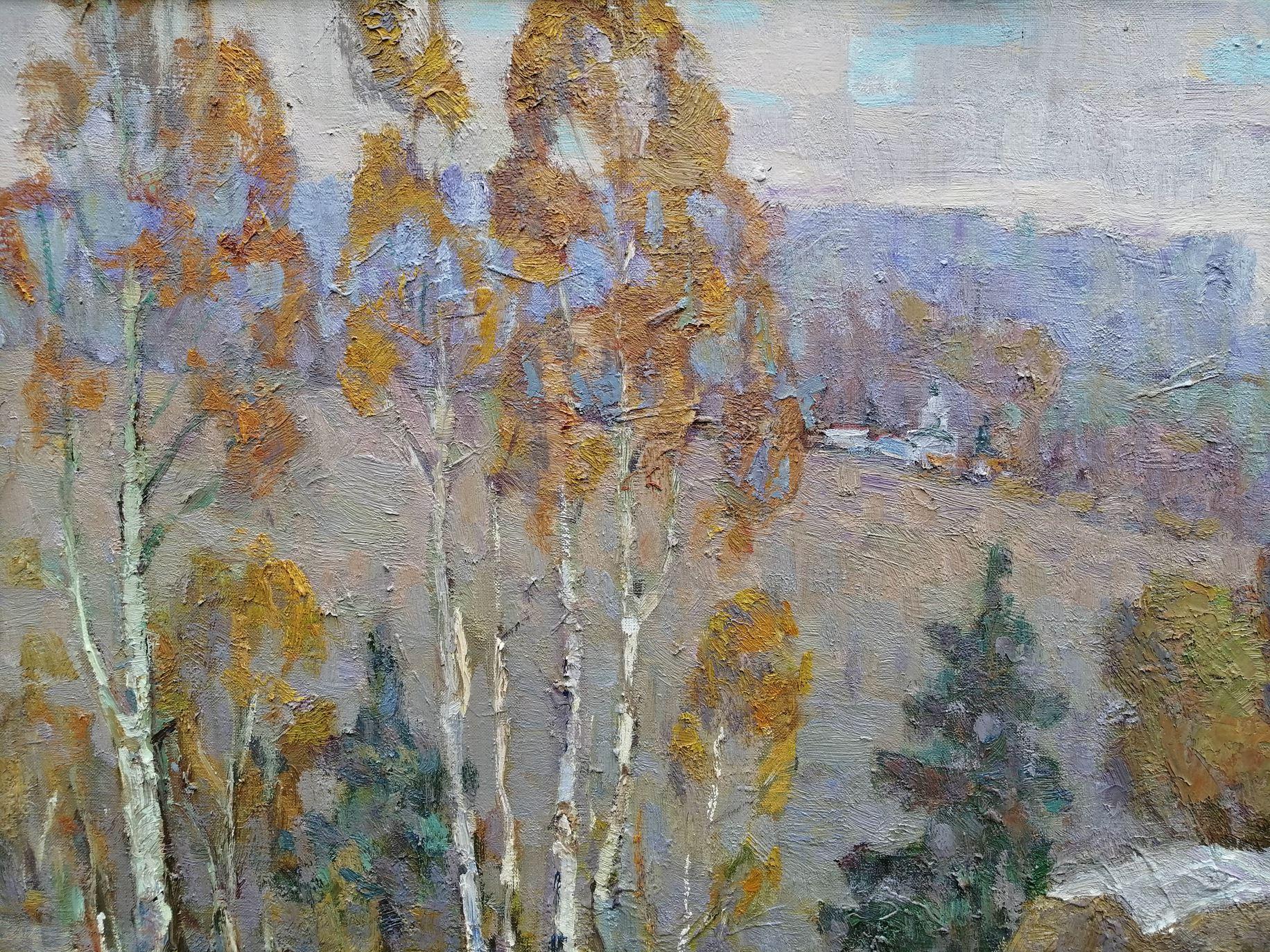 Tardo autunno, Impressionismo, Paesaggio, Pittura ad olio originale, pronta per essere appesa - Landscape Painting Grigio di Alex Kalenyuk  