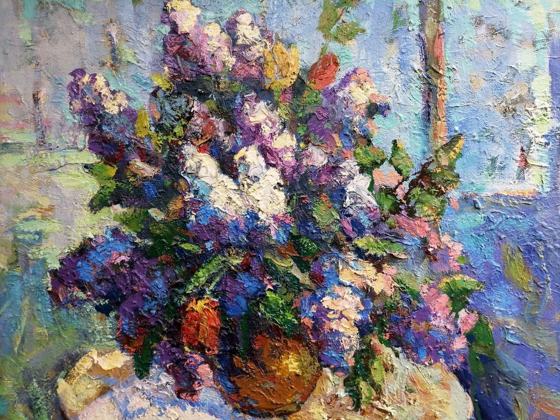 Bouquet di lillà, Fiori, Impressionismo, Pittura ad olio originale, pronta da appendere - Painting di Alex Kalenyuk  