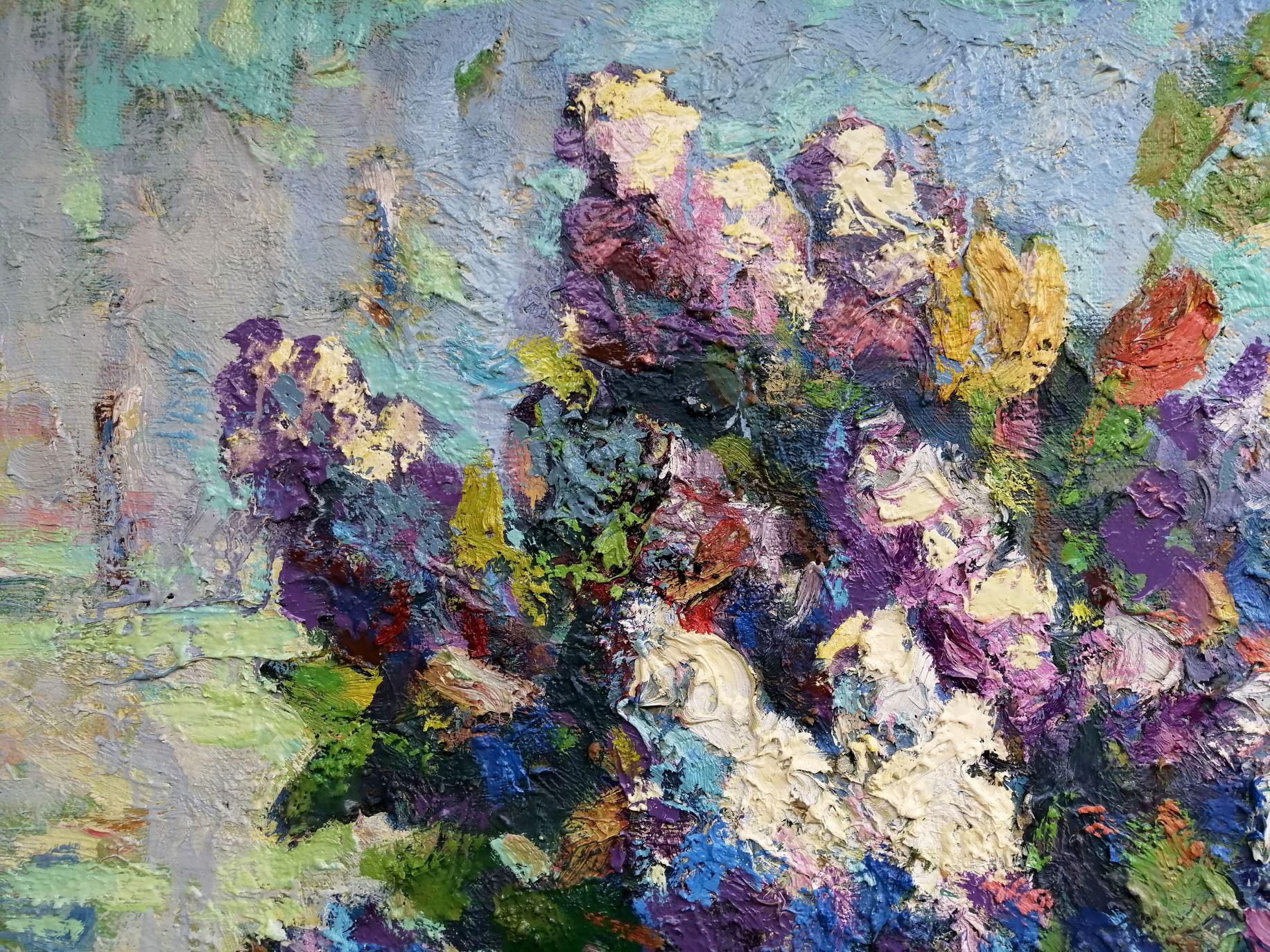 Bouquet di lillà, Fiori, Impressionismo, Pittura ad olio originale, pronta da appendere - Still-Life Painting Grigio di Alex Kalenyuk  