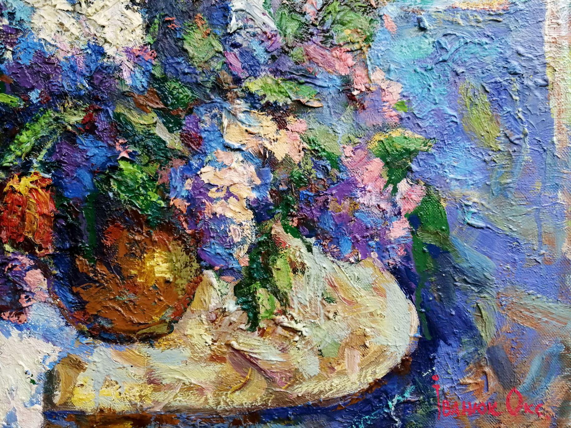 Bouquet di lillà, Fiori, Impressionismo, Pittura ad olio originale, pronta da appendere in vendita 1