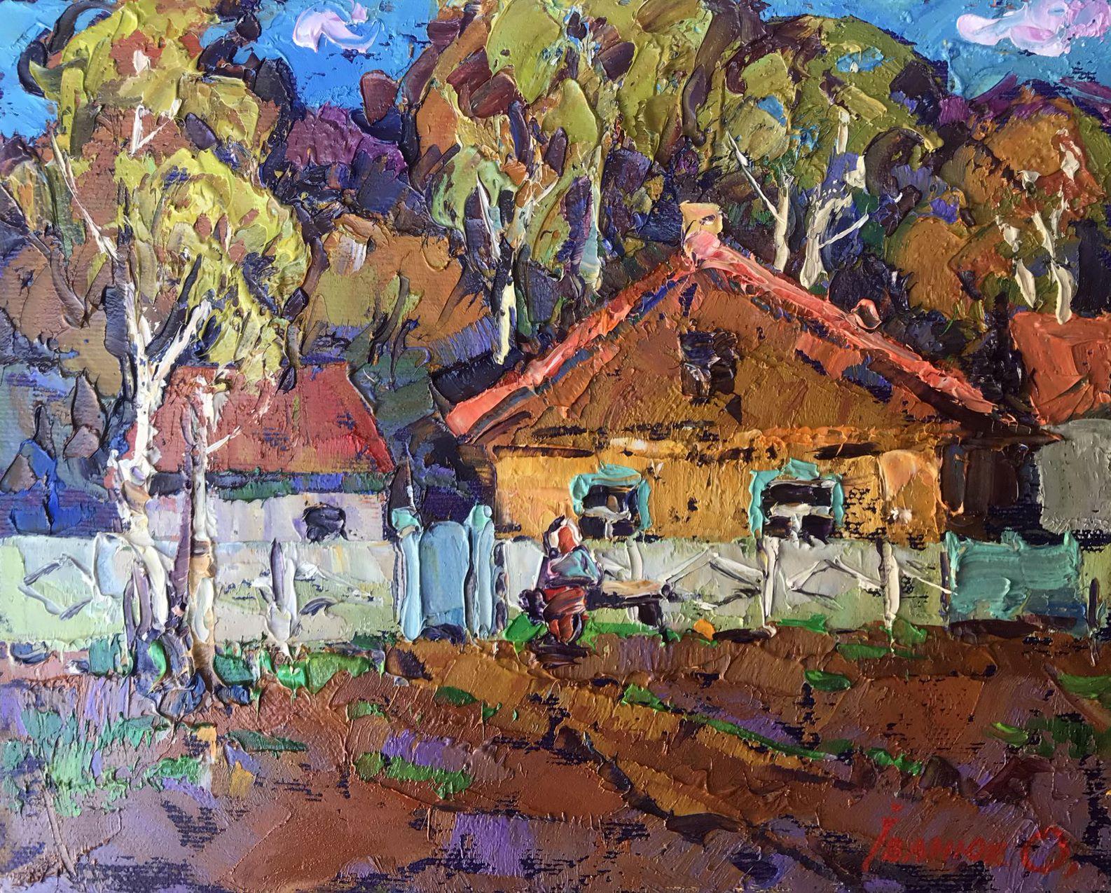 Alex Kalenyuk   Landscape Painting - Near the Courtyard, village, landscape, Original oil Painting, Ready to Hang