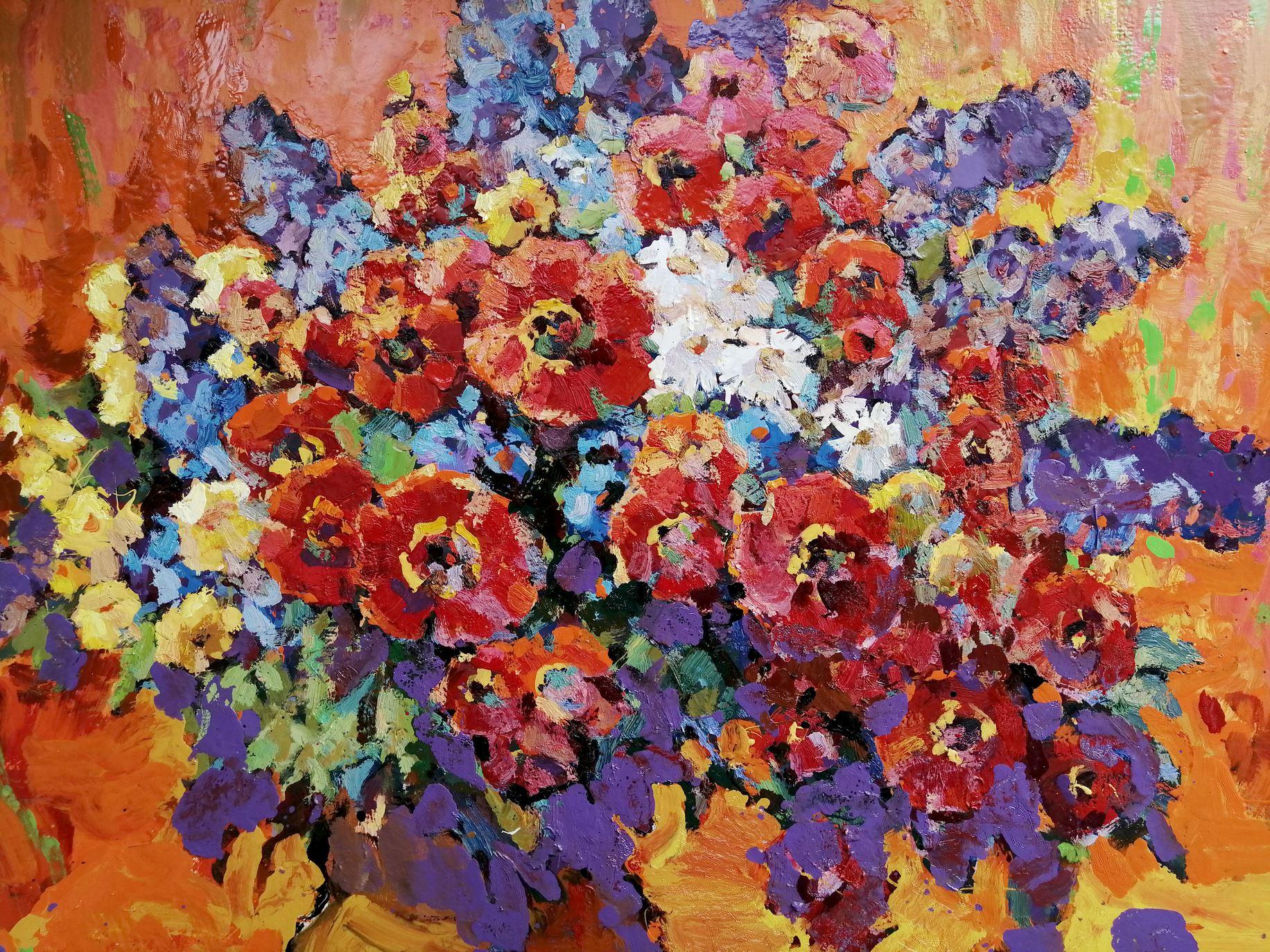 Red Poppies, Flowers, Impressionism, Original oil Painting, Ready to Hang For Sale 1