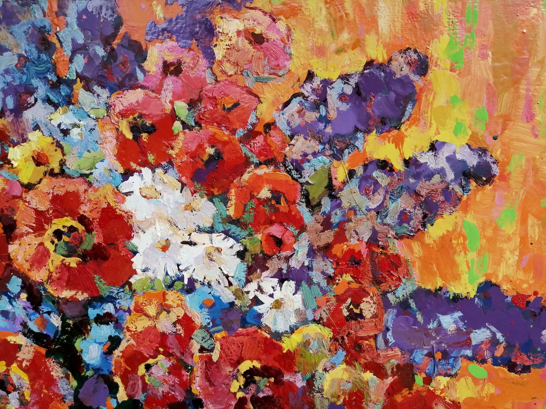 Red Poppies, Flowers, Impressionism, Original oil Painting, Ready to Hang For Sale 2