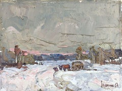 Road, Winterlandschaft, Original-Ölgemälde in Öl, hängefertig