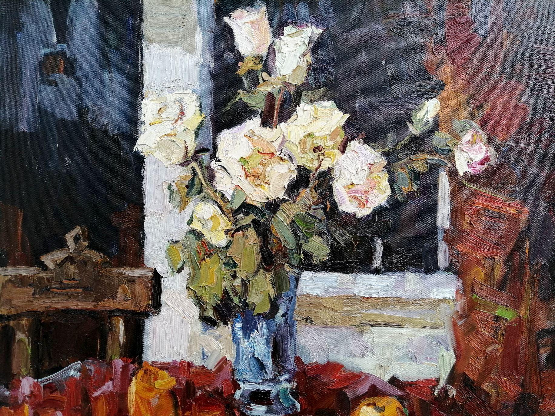 Artist: Alex Kalenyuk 
Work: Original oil painting, handmade artwork, one of a kind 
Medium: Oil on canvas 
Year: 2013
Style: Impressionism
Title: Roses, 
Size: 27.5