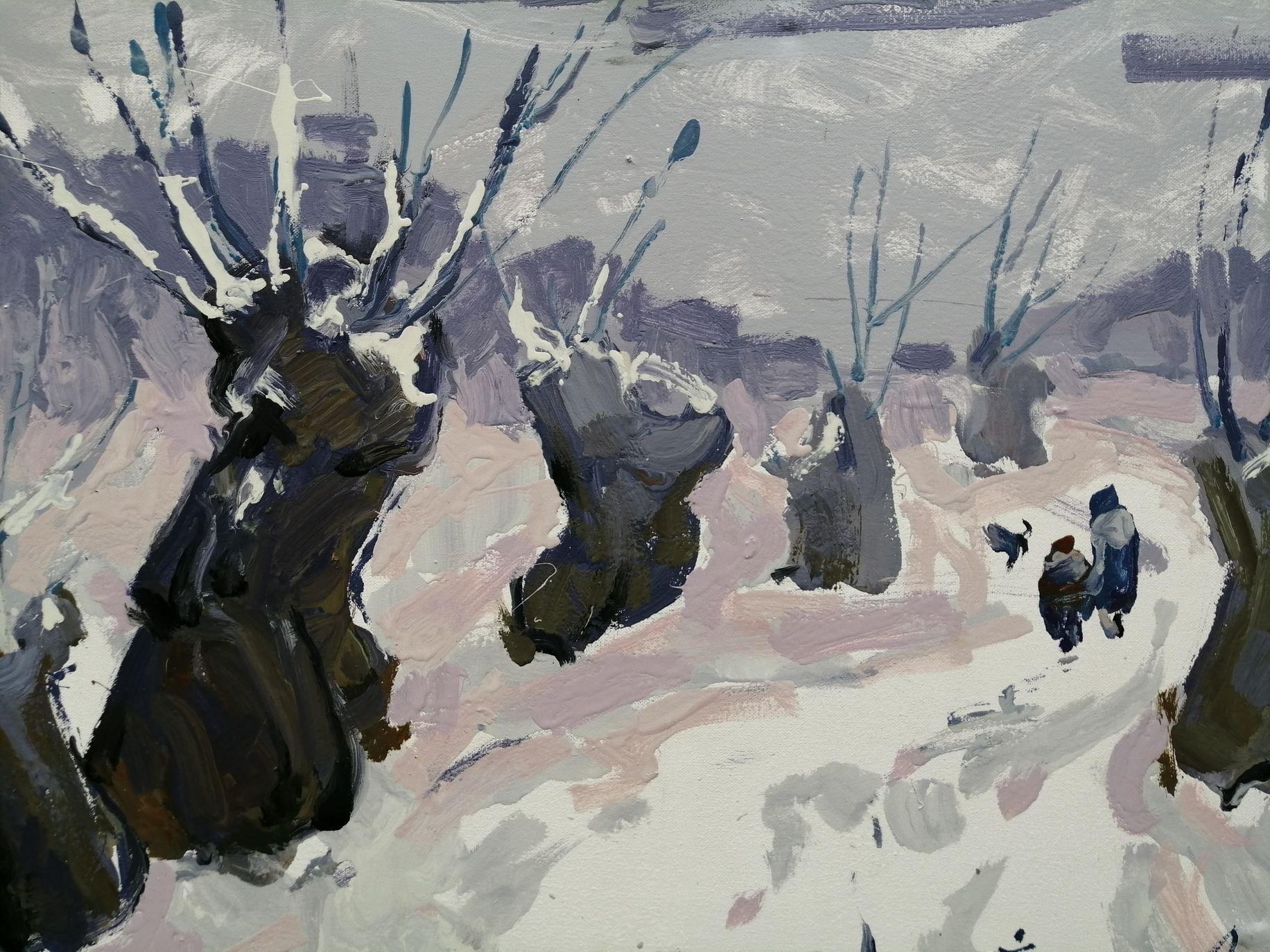 Artist: Alex Kalenyuk 
Work: Original oil painting, handmade artwork, one of a kind 
Medium: Oil on canvas 
Year: 2019
Style: Impressionism
Title: Snow Day, 
Size: 27.5