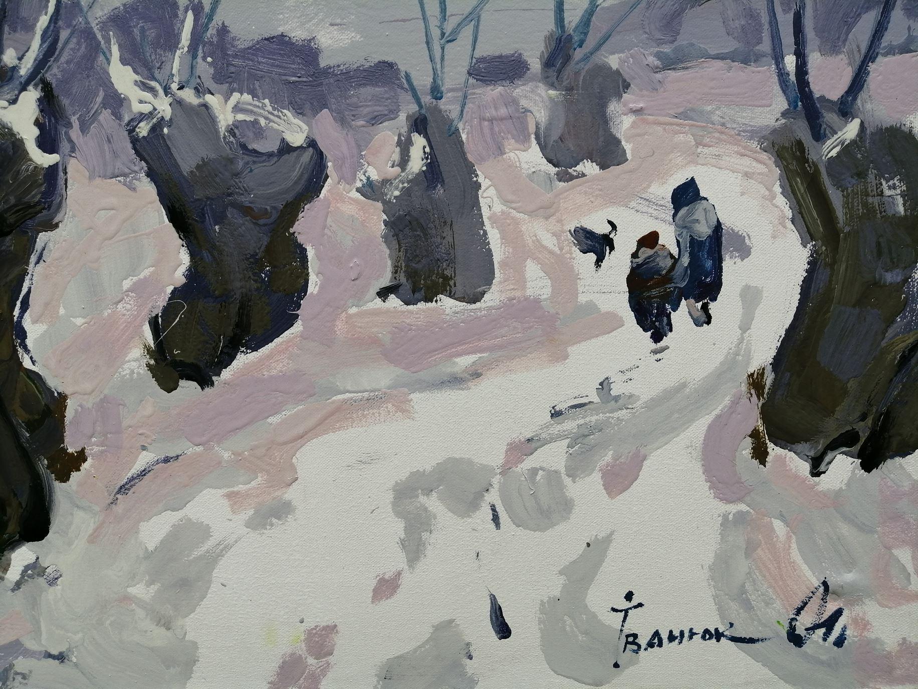 Artista: Alex Kalenyuk 
Lavoro: Pittura a olio originale, opera d'arte fatta a mano, unica nel suo genere 
Medium: Olio su tela 
Anno: 2019
Stile: Impressionismo
Titolo: Il giorno della neve, 
Dimensioni: 27,5