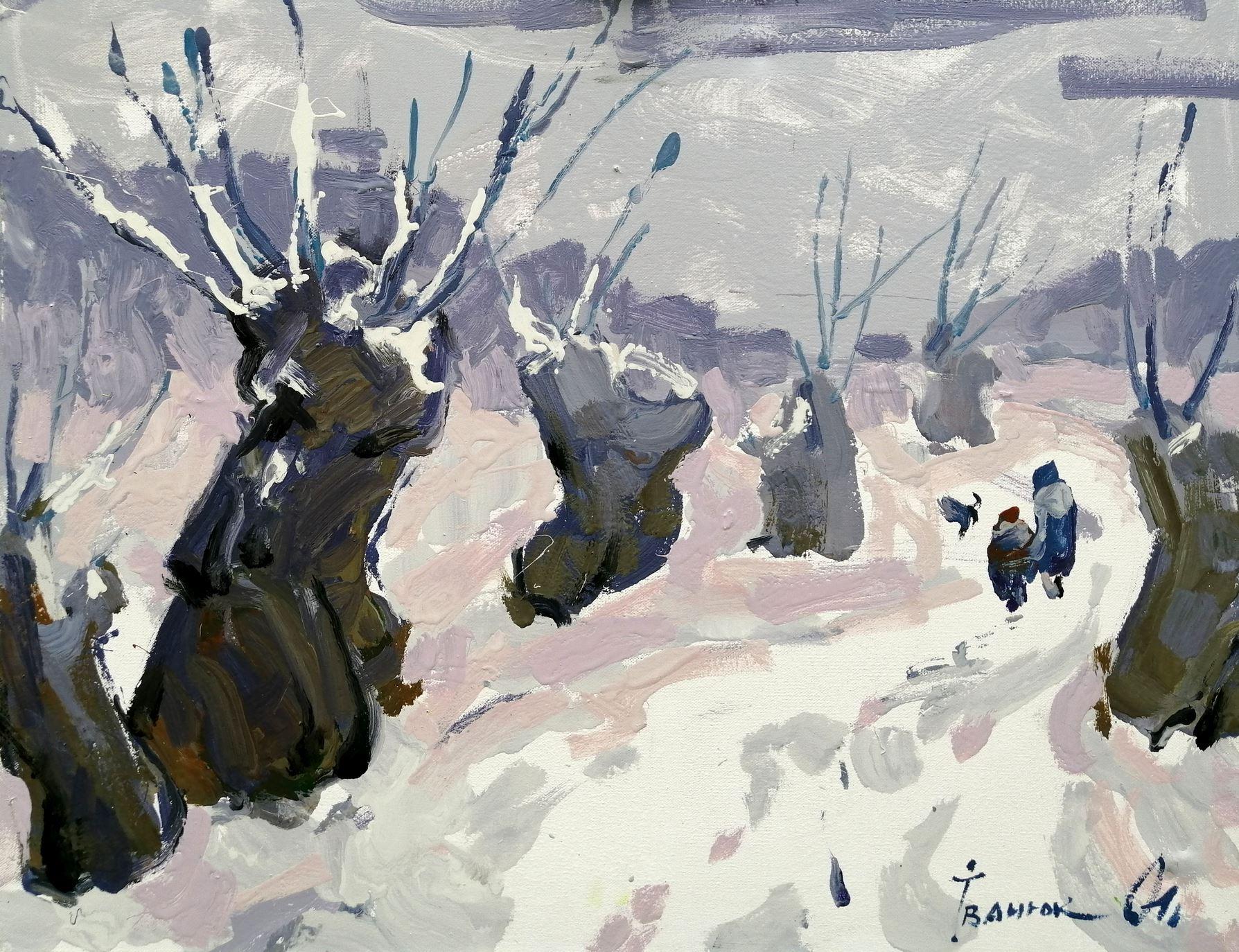 Alex Kalenyuk   Landscape Painting - Snow Day, Landscape, Impressionism, Original oil Painting, Ready to Hang